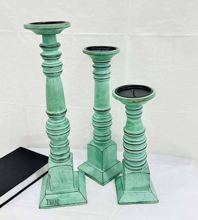 Wooden Pillar Candle Holders Set of 3, 18” 15” 12” Farmhouse Wood Candle