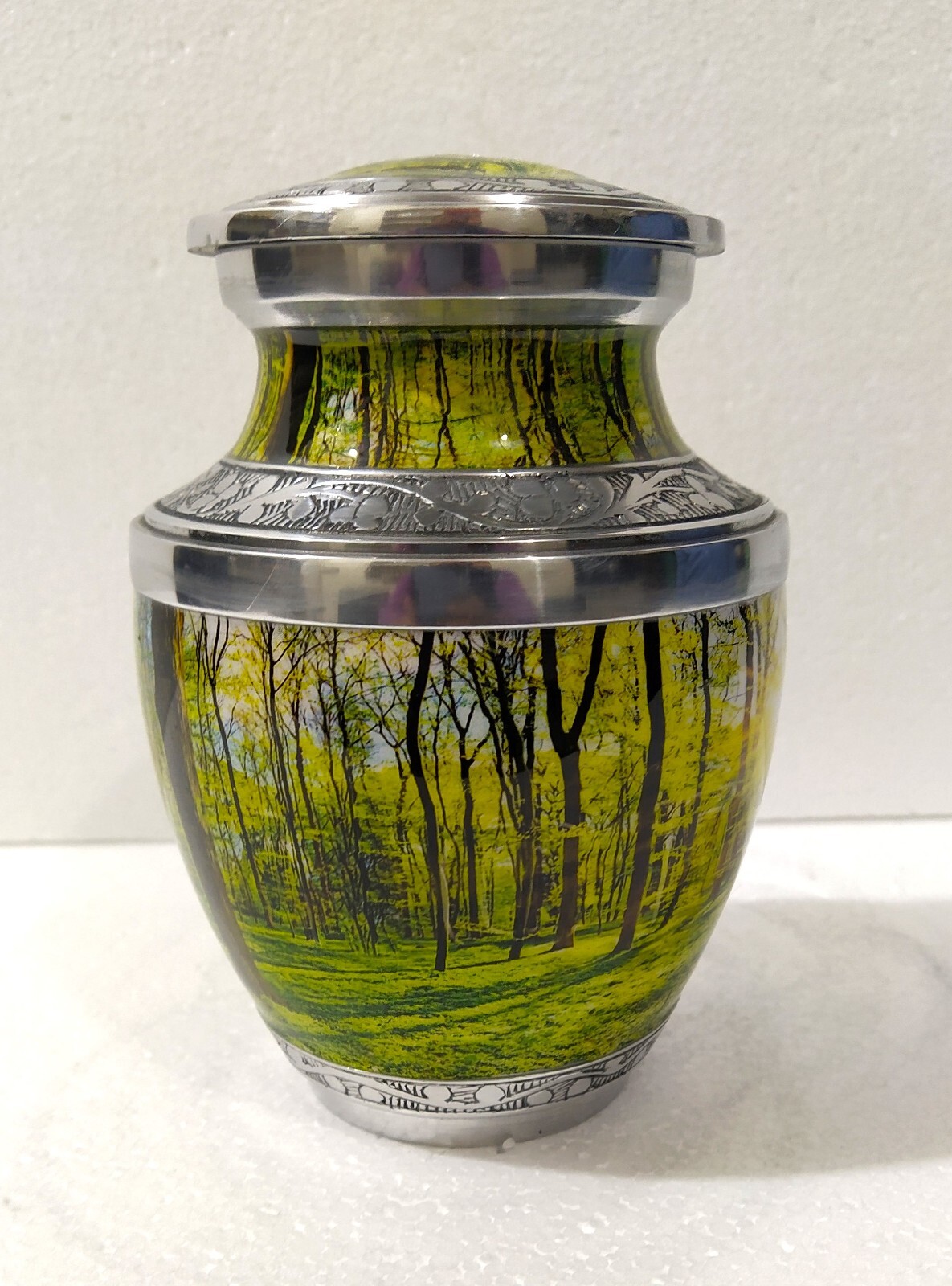 Natural Woodland Greenland Design Urns Small Cremation Urn in Velvet Bag 6 inch
