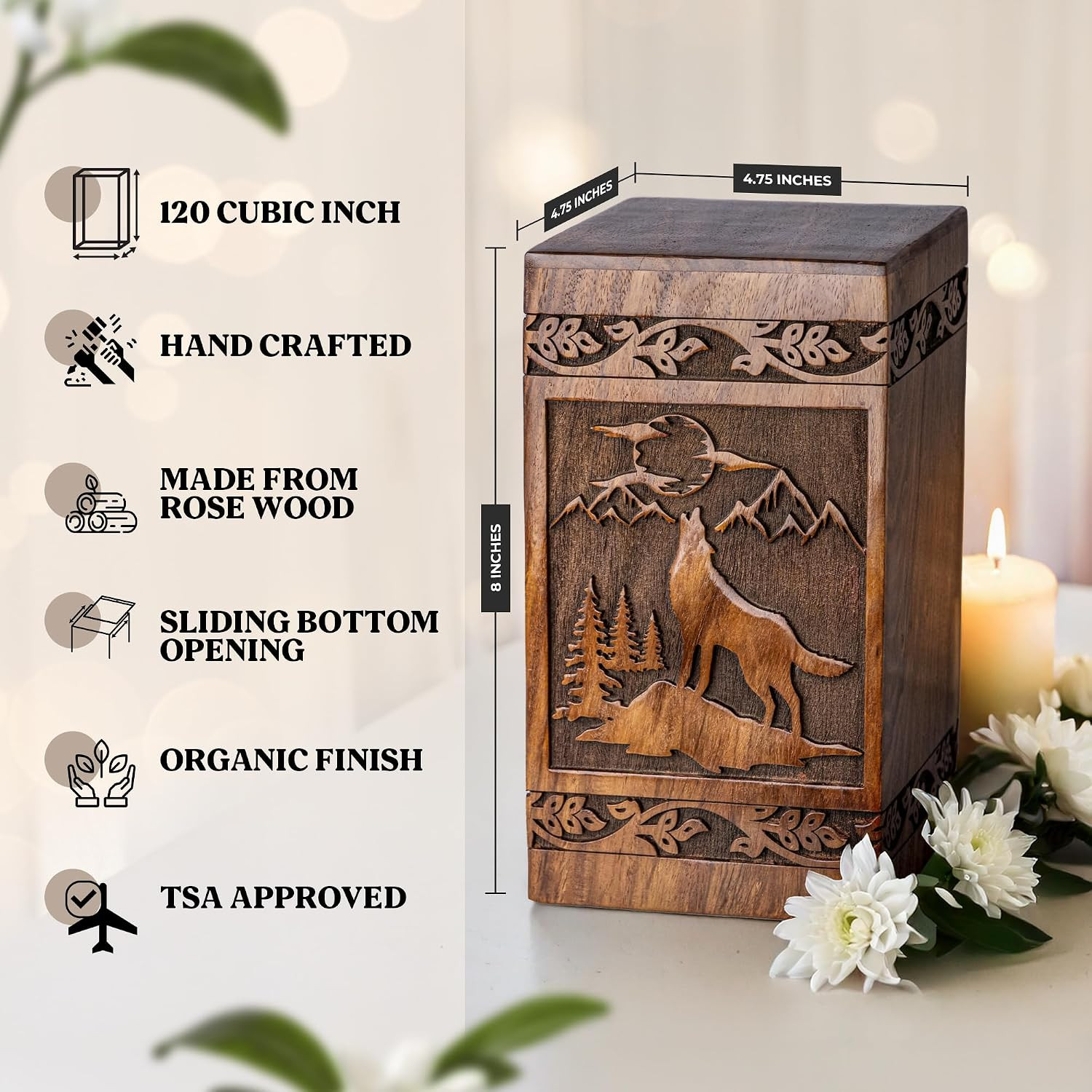 Wooden Cremation Urns for Human Ashes 120 Lbs – Decorative Funeral, Burial Urn f