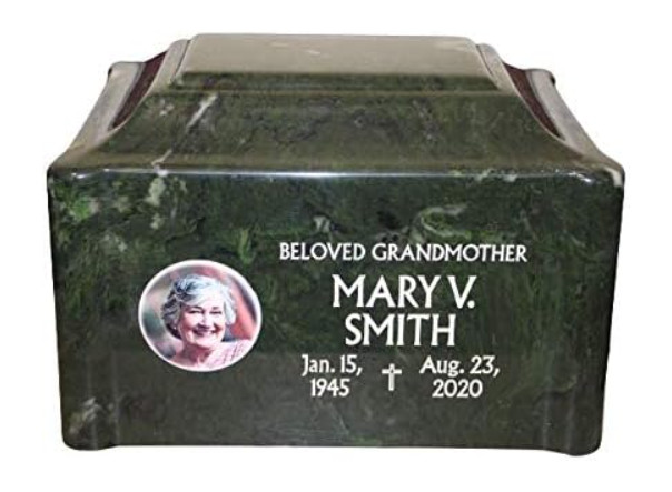 Pine Color Cremation Urn Vault w/ Photo & Laser Engraved Name Dates & Emblem