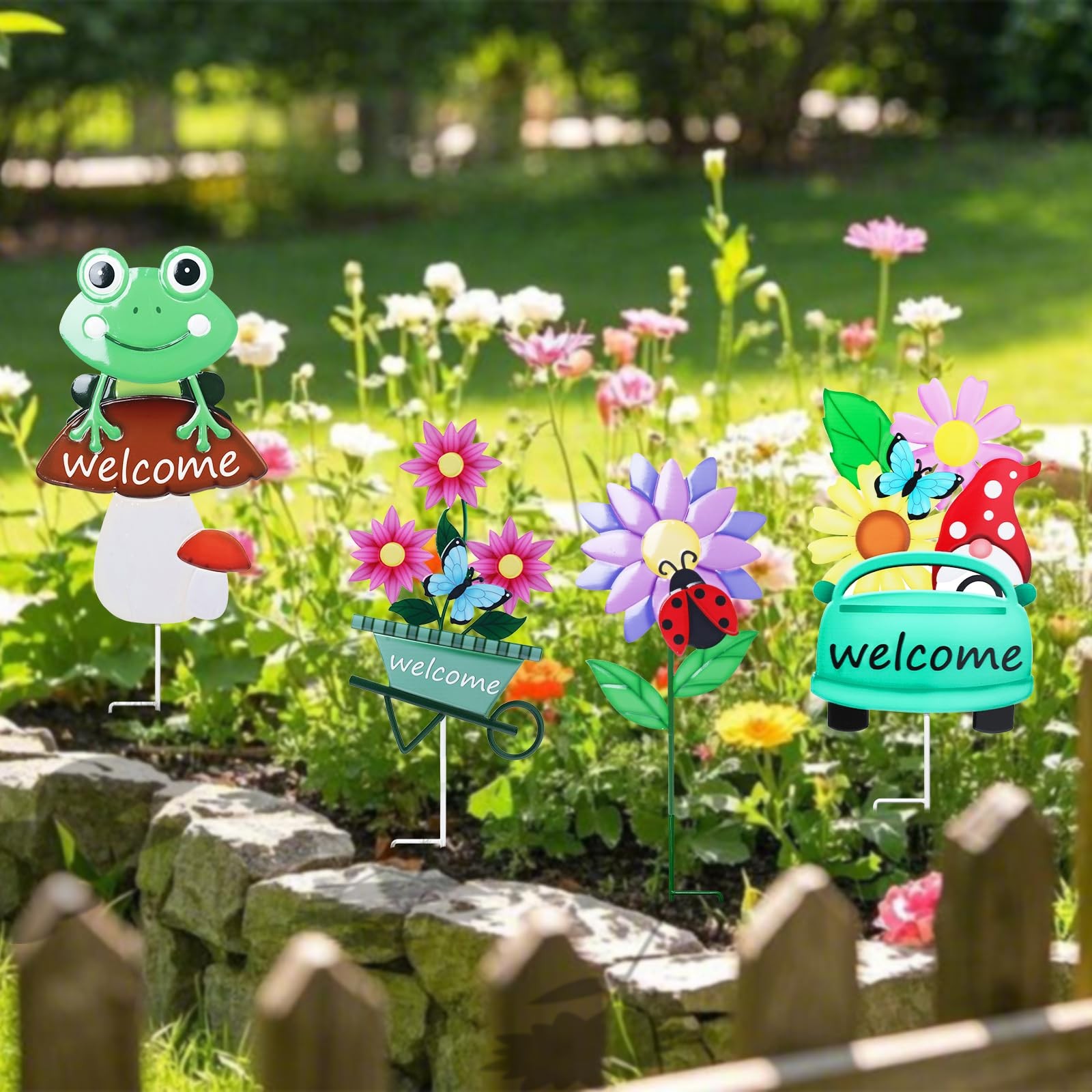 Decorative Garden Stakes Set – 4 Metal Yard Signs for Spring Outdoor Decor