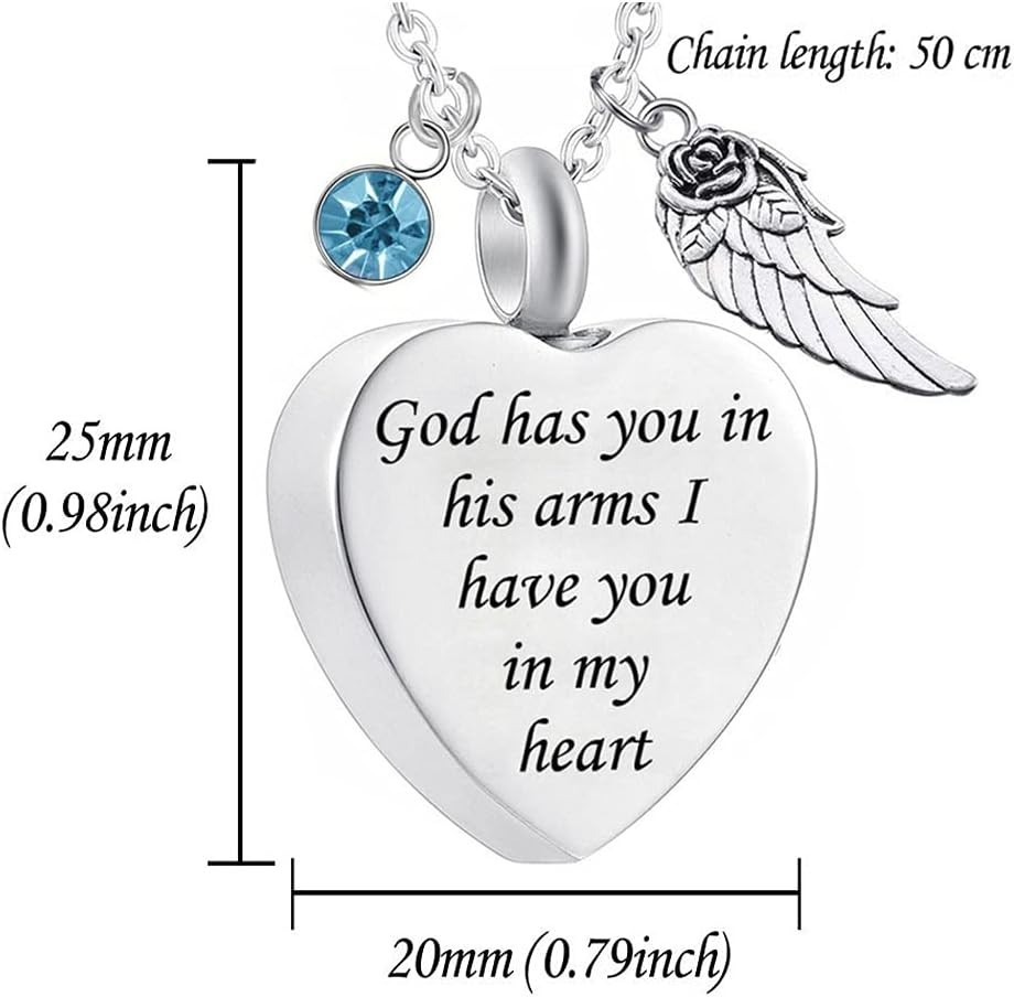 Angel Wing Charm Cremation Ashes Necklace – Heart Pearl & Birthstone Keepsake