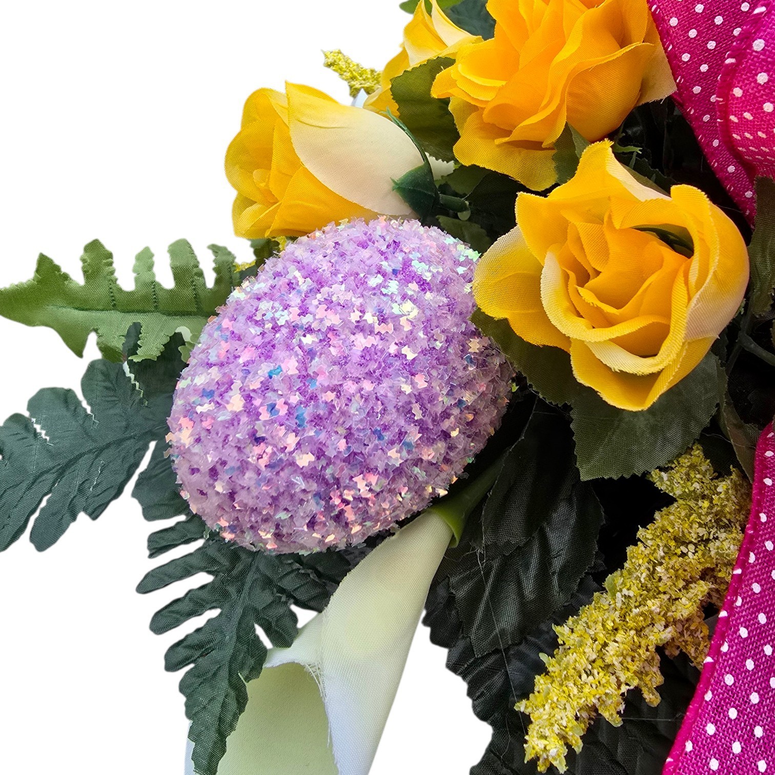 EASTER HEADSTONE SADDLE, YELLOW GRAVE FLOWERS WITH BUNNIES AND EASTER EGGS