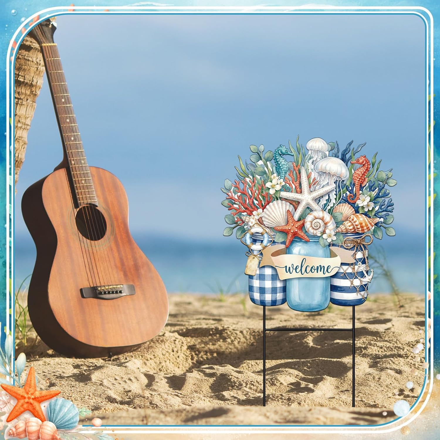 Summer Decorations Ocean Starfish Seashell Coastal Yard Sign Stake Gift