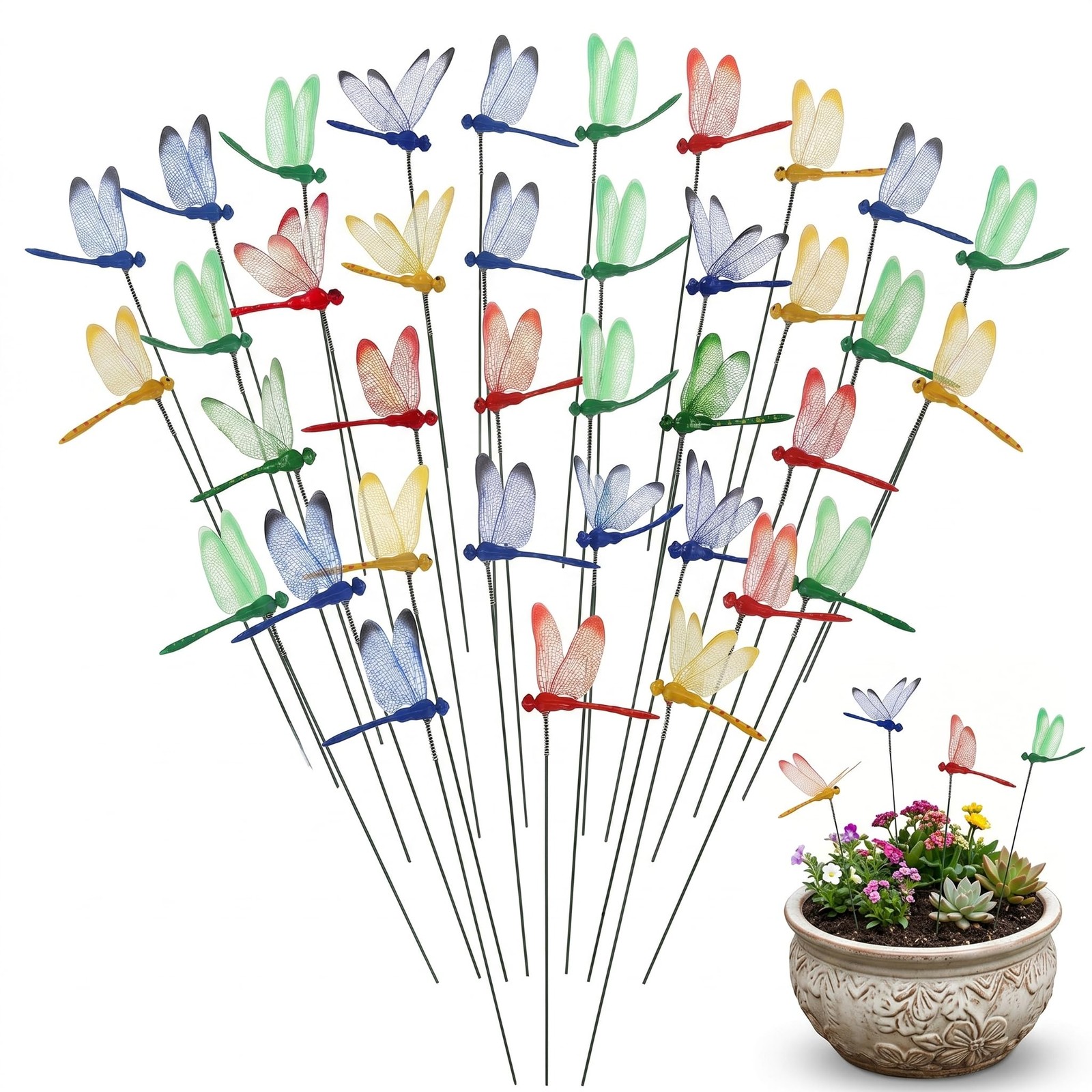 40 Pcs Dragonfly Garden Stakes Simulated 3D Yard Art, Assorted Color PVC Iron…