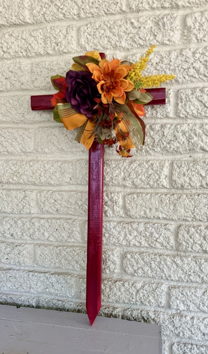 Fall Cemetery Cross Decoration, Autumn Floral Memorial Grave Arrangement 24”