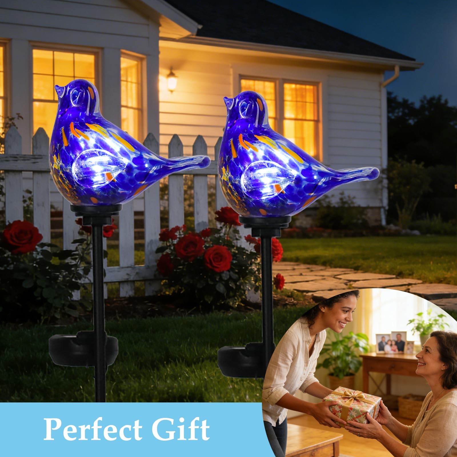 Solar Garden Lights Outdoor Blue Bird Hand-Blown Glass Solar Stake Lights Wat…