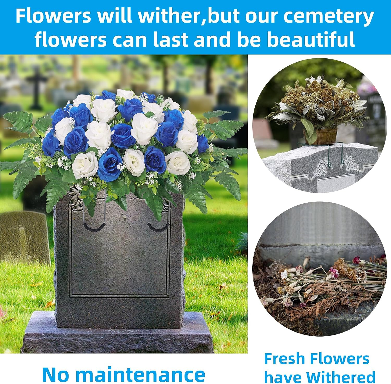 Dark Blue Artificial Flower Saddle for Cemetery Headstone Decorations