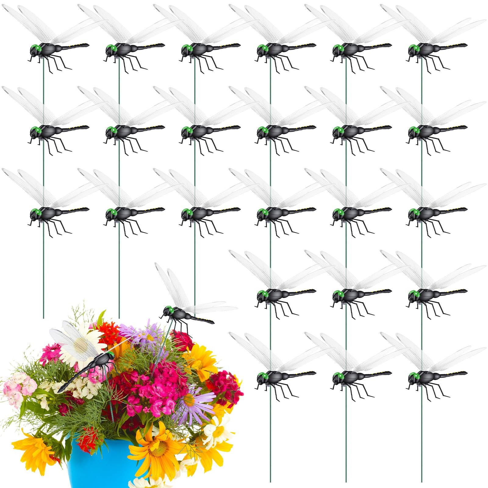 24 Pack Dragonfly Garden Stakes Decor, 12.5 Inches 3D Fake Dragonflies for Do…