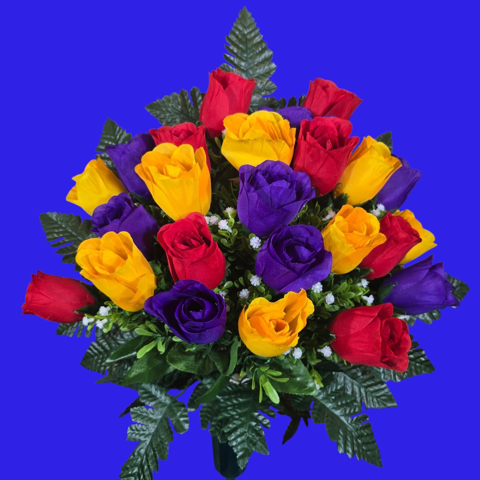Red, Yellow, and Purple Rosebud Memorial Vase Arrangement with Baby’s breath