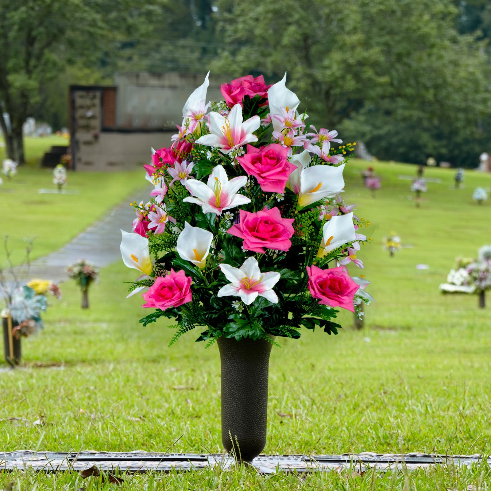 Artificial Arrangement- Beauty Pink Rose White Calla Lily & Lilies with Vase