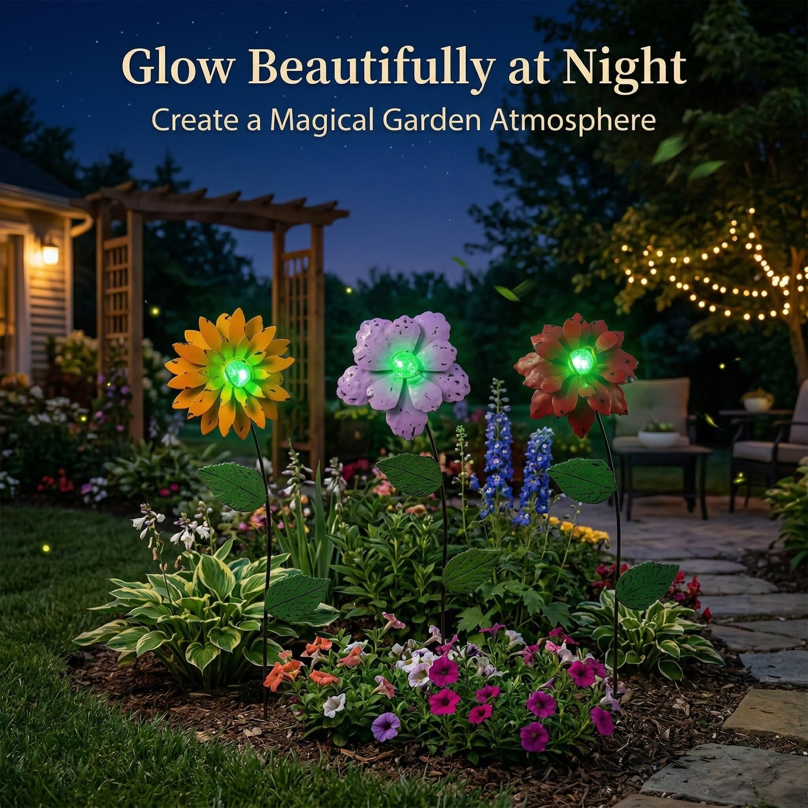 Garden Decor for Outside, 3 Pack Glow in the Dark Flower Garden Stakes, 14″ L…