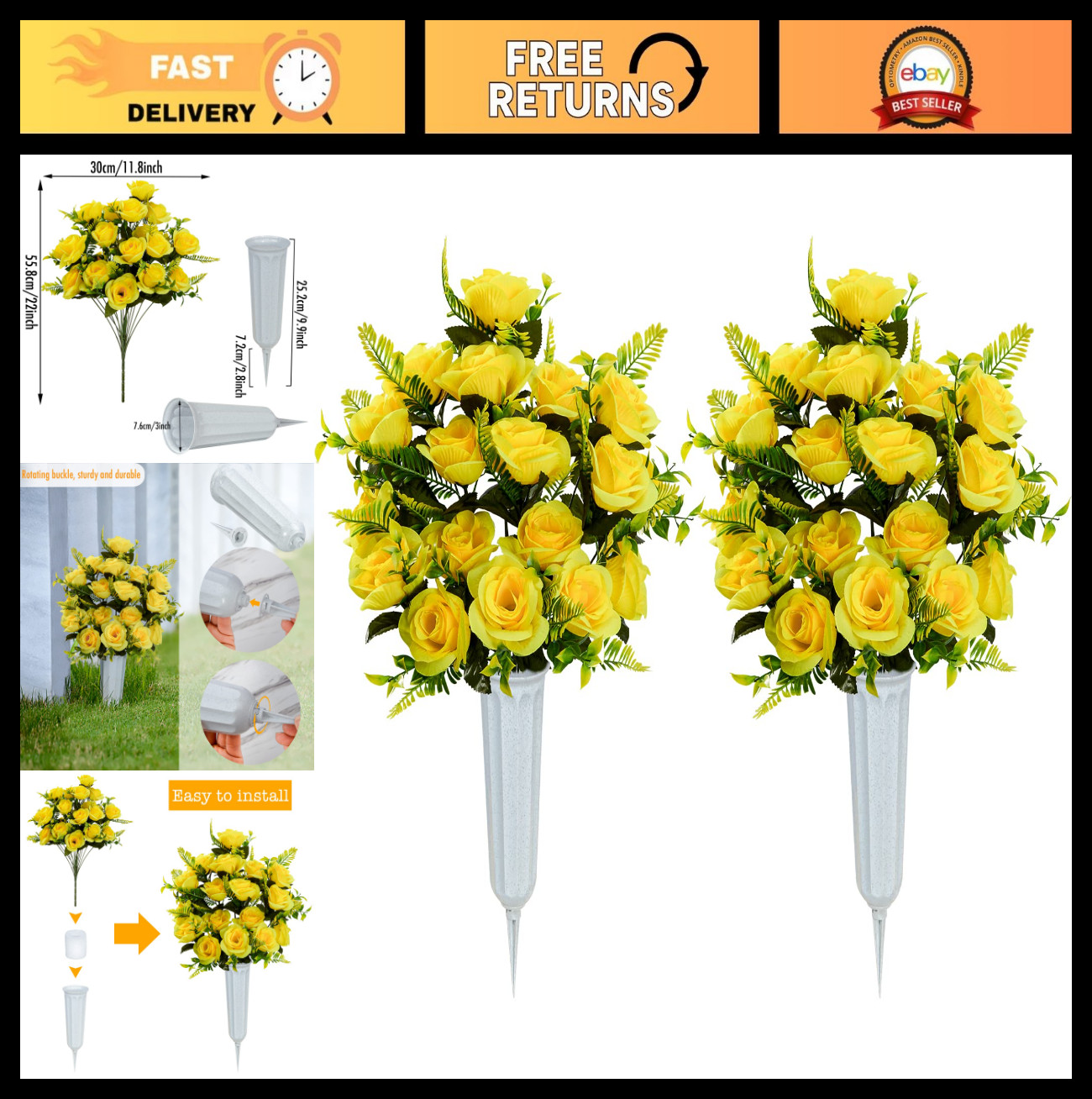 Artificial Cemetery Flowers with Vase – Set of 2 Yellow Rose Bouquets for Grave
