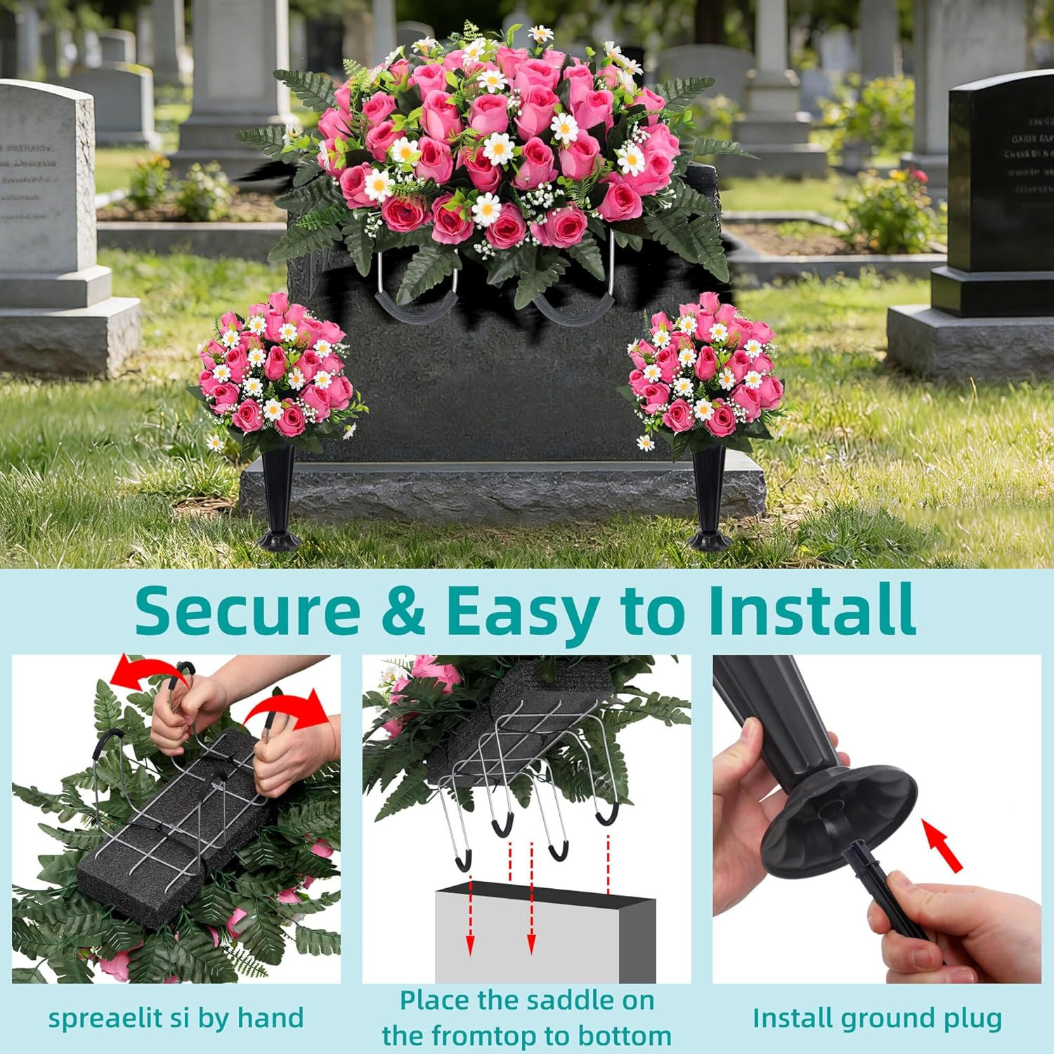 Elegant Pink Silk Flower Saddle with Vases – 3 Sets for Grave Decoration