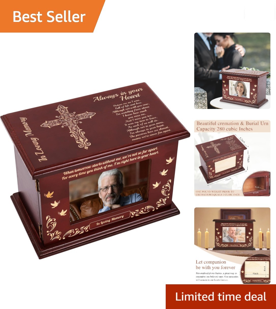 Walnut Cremation Urn For Human Ashes Adult Memorial Cross Panel
