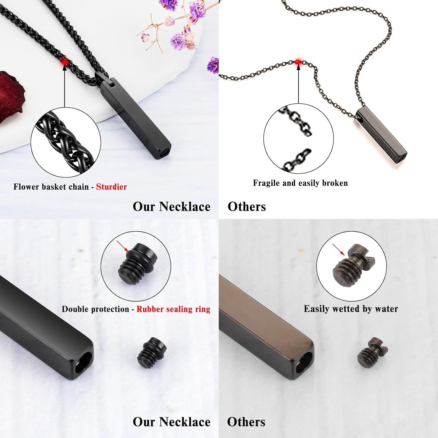Black Urn Necklace for Ashes Cremation Jewelry Memorial Gift for Men Women 22+2″