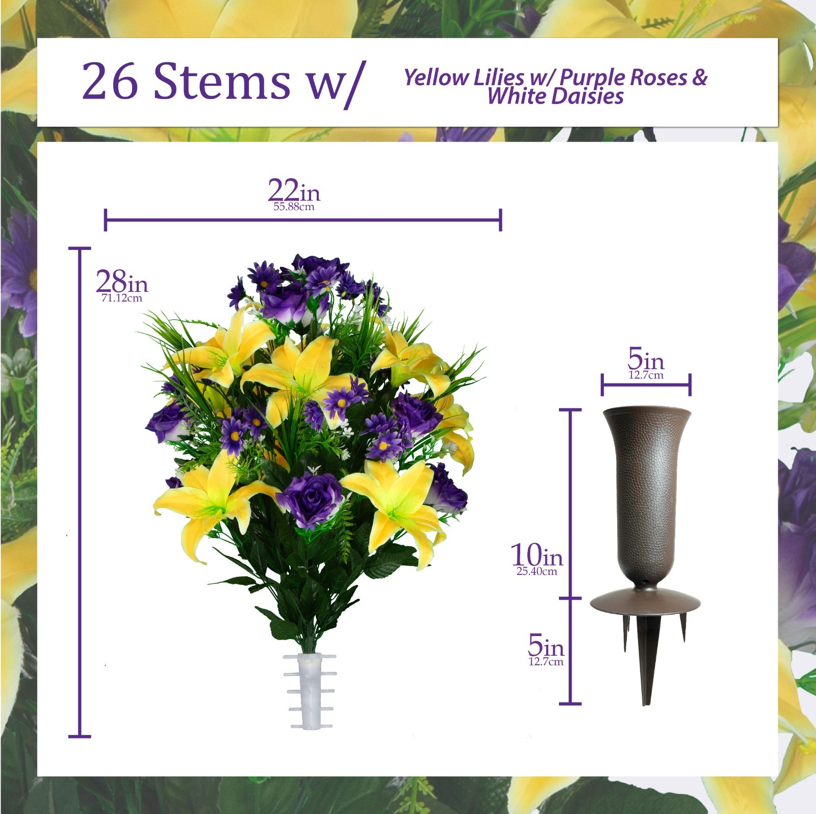 Artificial Yellow Lily with Purple Roses & Daisies – Saddle, Vases, & Bouquets