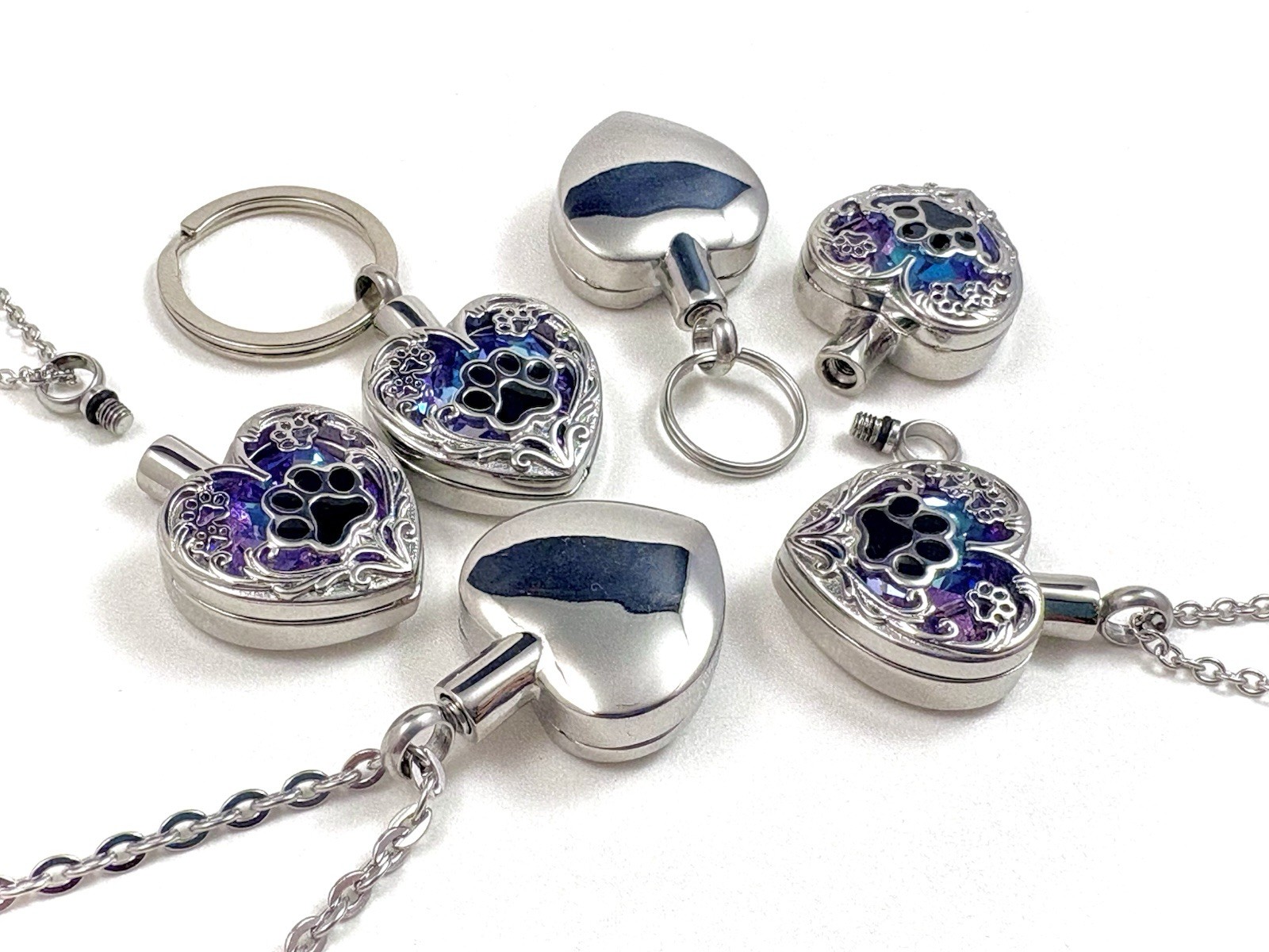 Keyring Urn .5″ Key Chain Pawprints Pet Cremation Pendant Ashes Dog Cat Purple