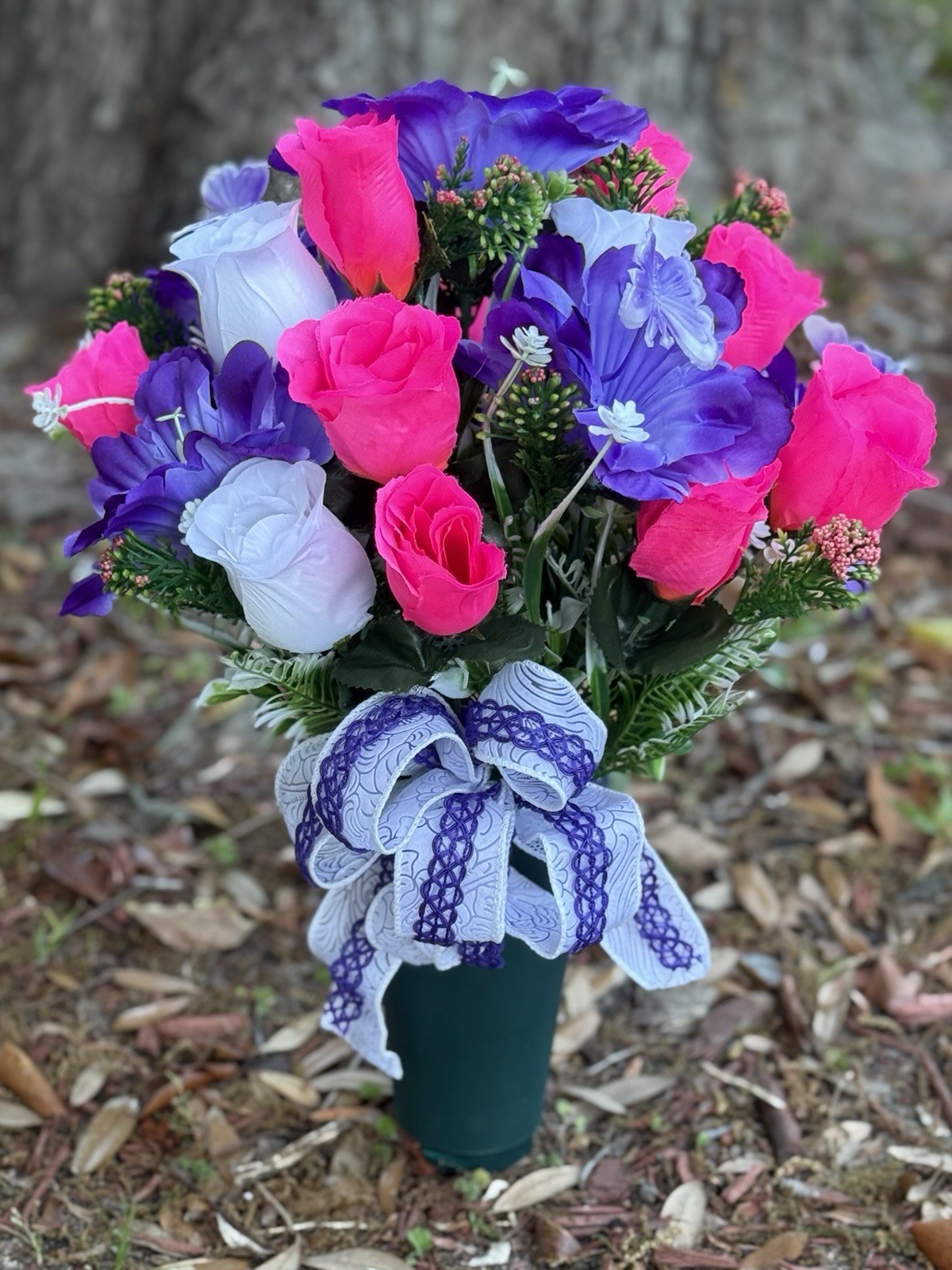 Cemetery Vase Memorial Silk Flower Arrangement Purple, Hot Pink & White