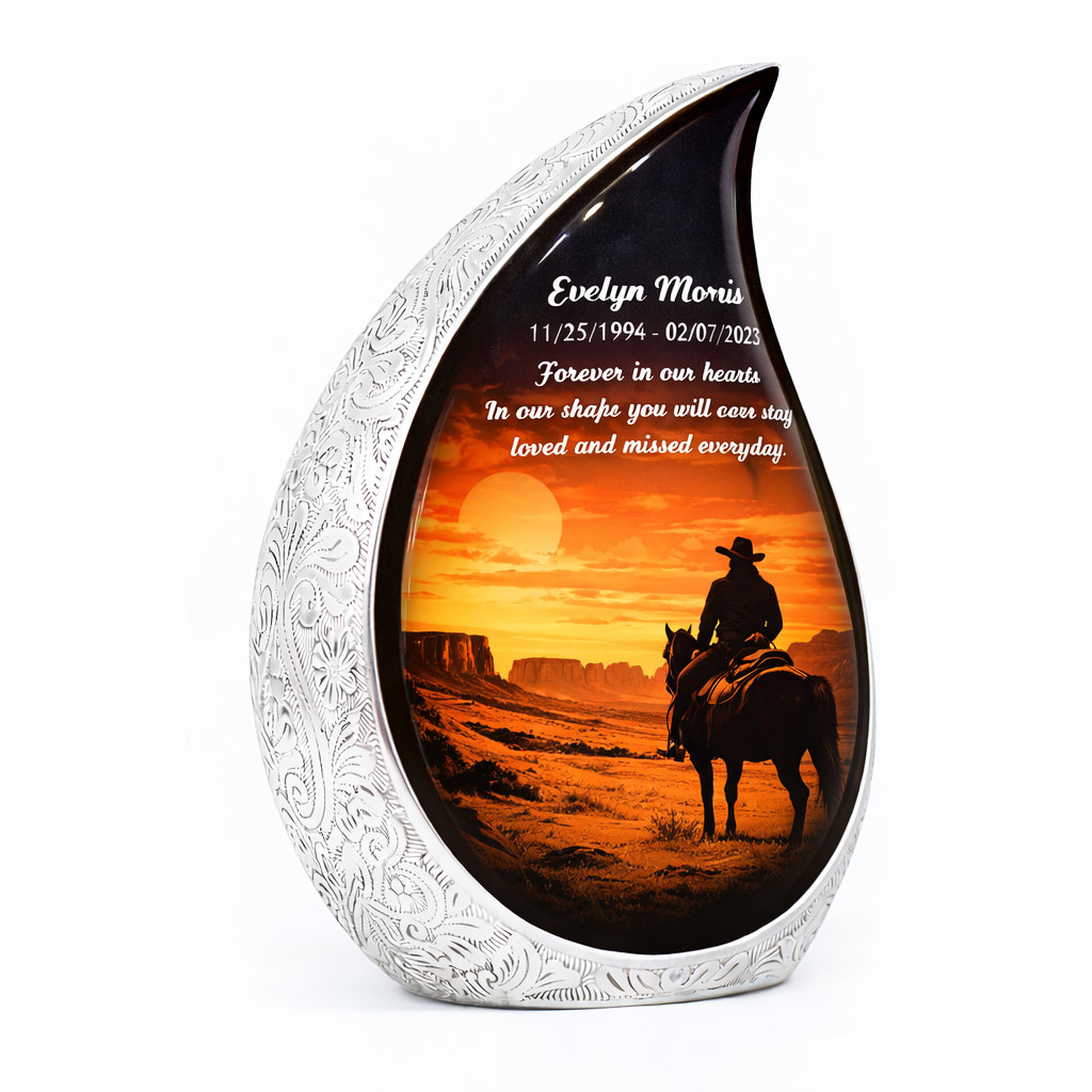 Western Cowboy Sunset Cremation Urn, Desert Landscape Memorial, Aluminum Metal