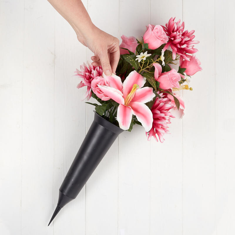 Artificial Premade Rose, Lily, and Mum Cemetery Memorial Cone Bouquet