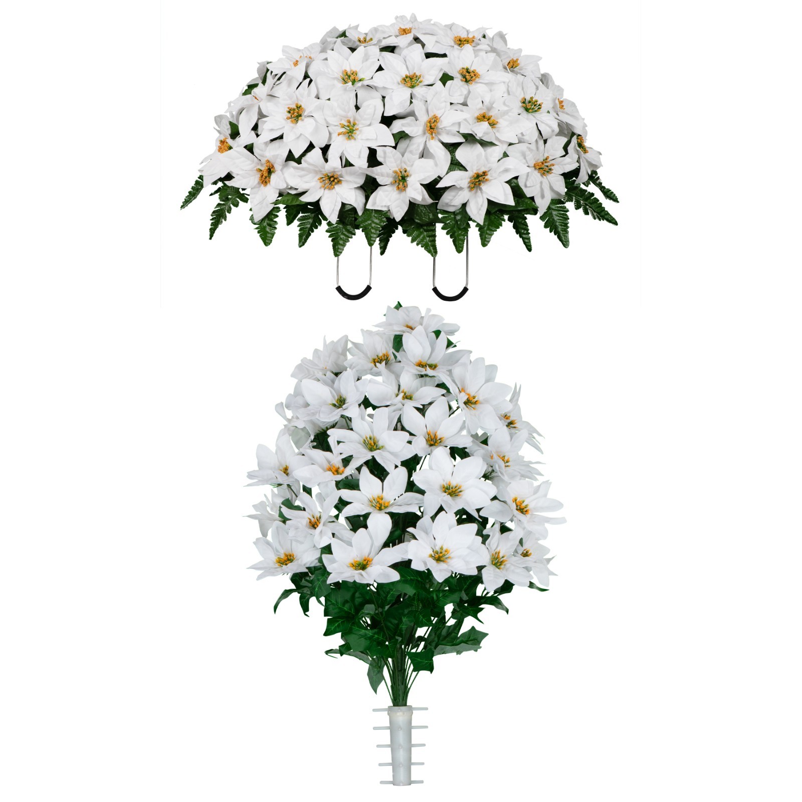 Artificial Gravesite Flowers – White Poinsettia Saddle and Bouquet