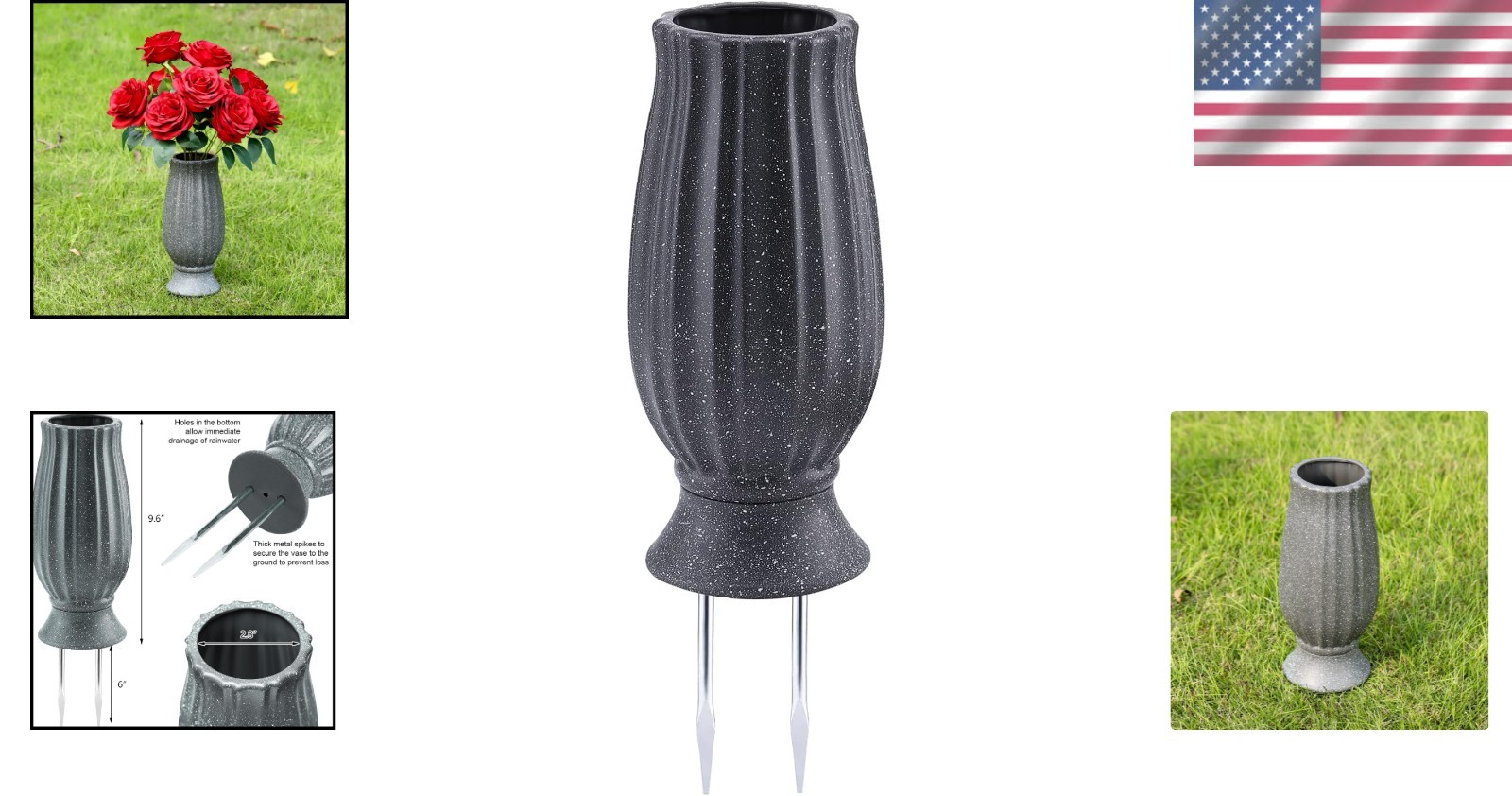 Durable Black Granite Cemetery Vase with Metal Spike for Beautiful Tribute