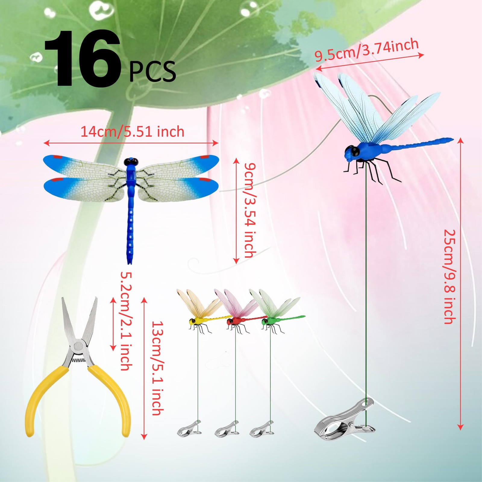 16 Pcs Dragonfly Clip, 3D Plastic Fake Dragonfly Garden Stakes for Yard, Pati…