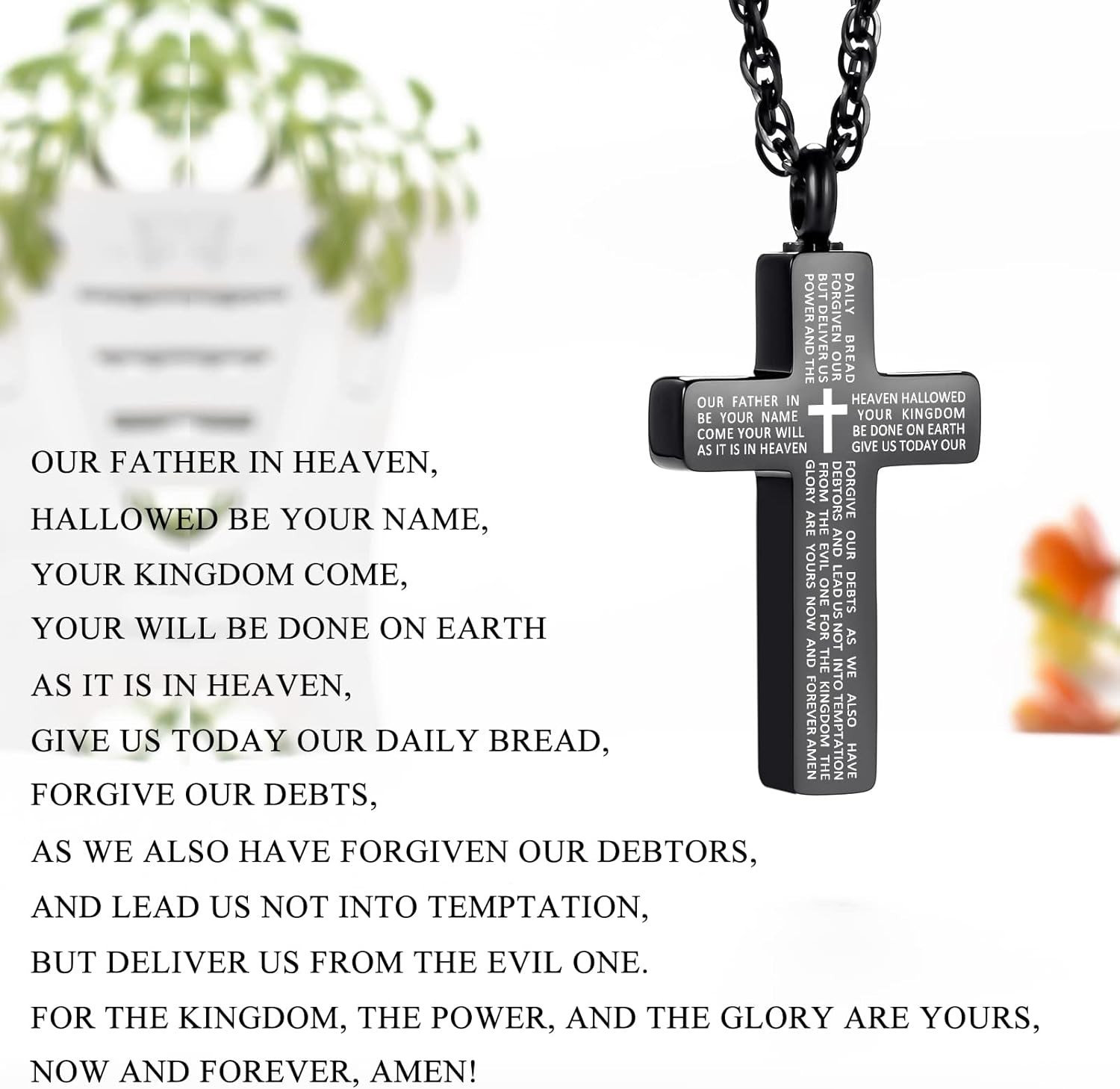 Cremation Cross Urn Necklace for Ashes Memorial Lords Prayer Jewelry Men Women