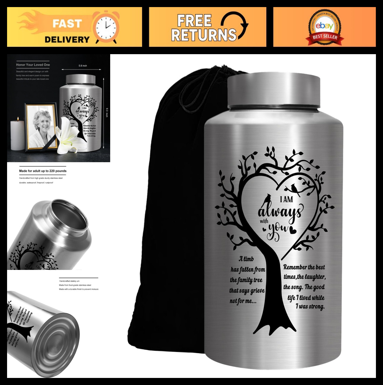 Large Decorative Cremation Urn for Human Ashes – Memorial Funeral Burial for Adu