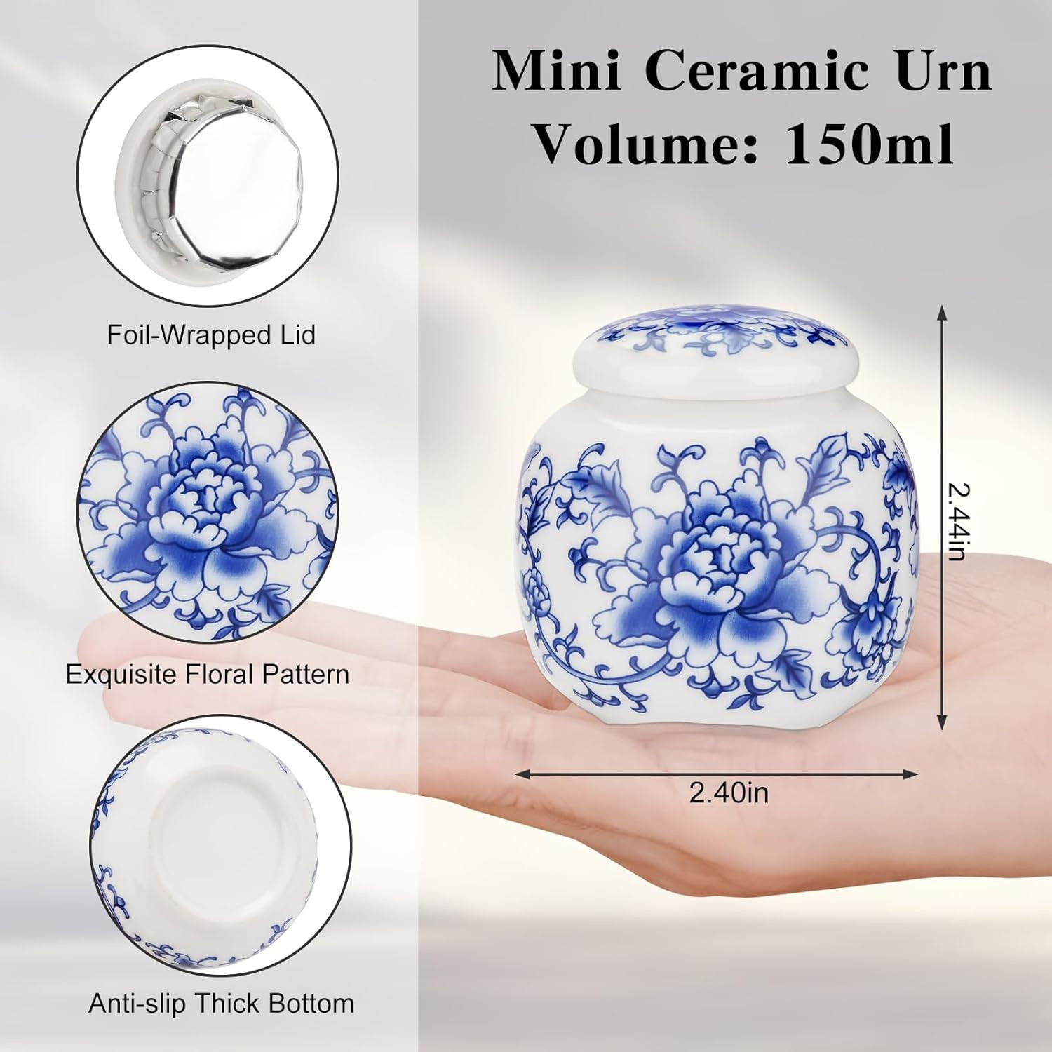Small Urns for Human Ashes, 2.44 Inches Qinghua Porcelain Mini Urns for Human As