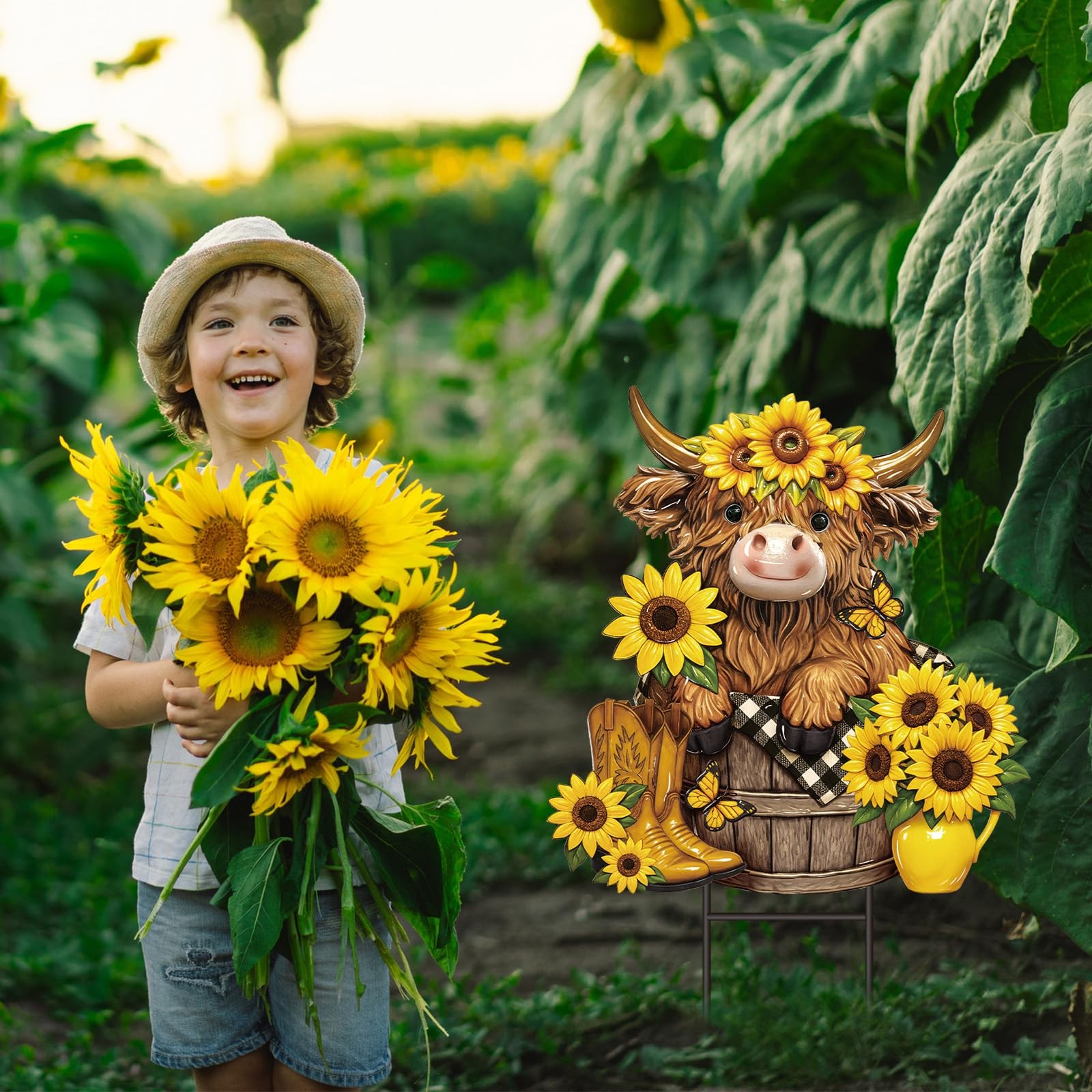 Highland Cow Metal Garden Stakes Outdoor Decor Summer Sunflowers Yard Signs