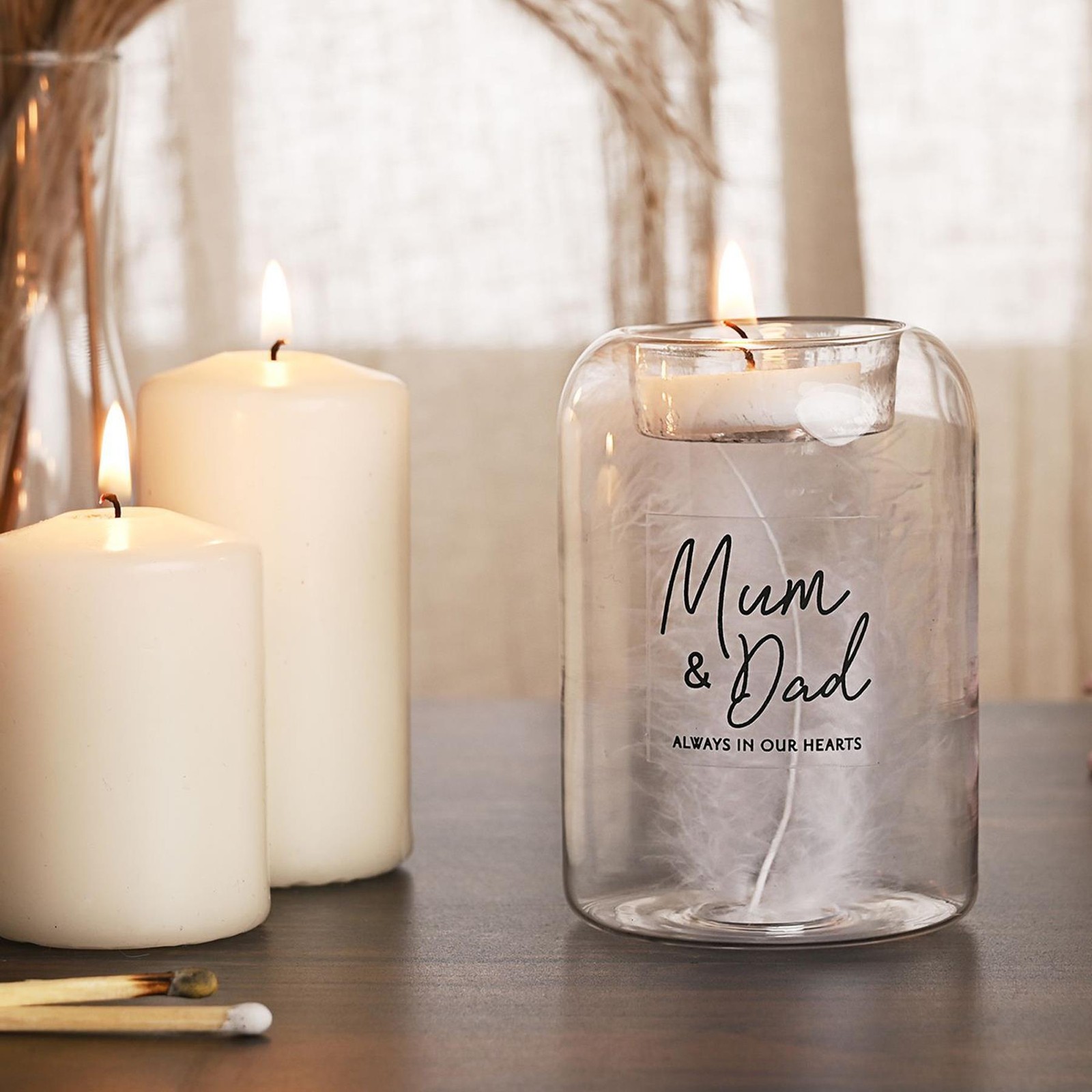 Memorial Tea Light Candle Holder with Feather inside Glass – Mum and Dad