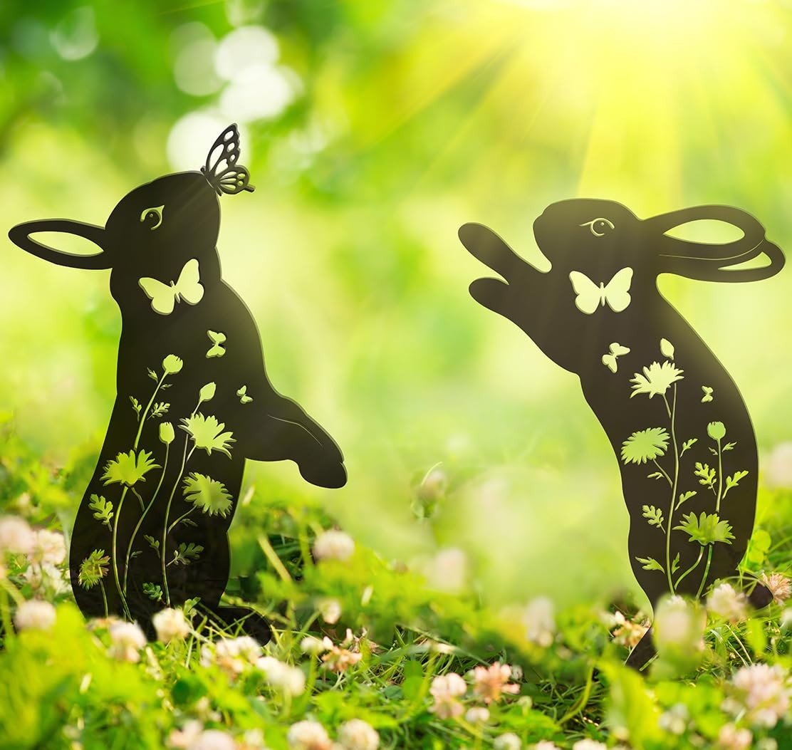 Metal Bunny Garden Decor, 17″ Rabbit Yard Decor, Metal Yard Art Animals Garde…