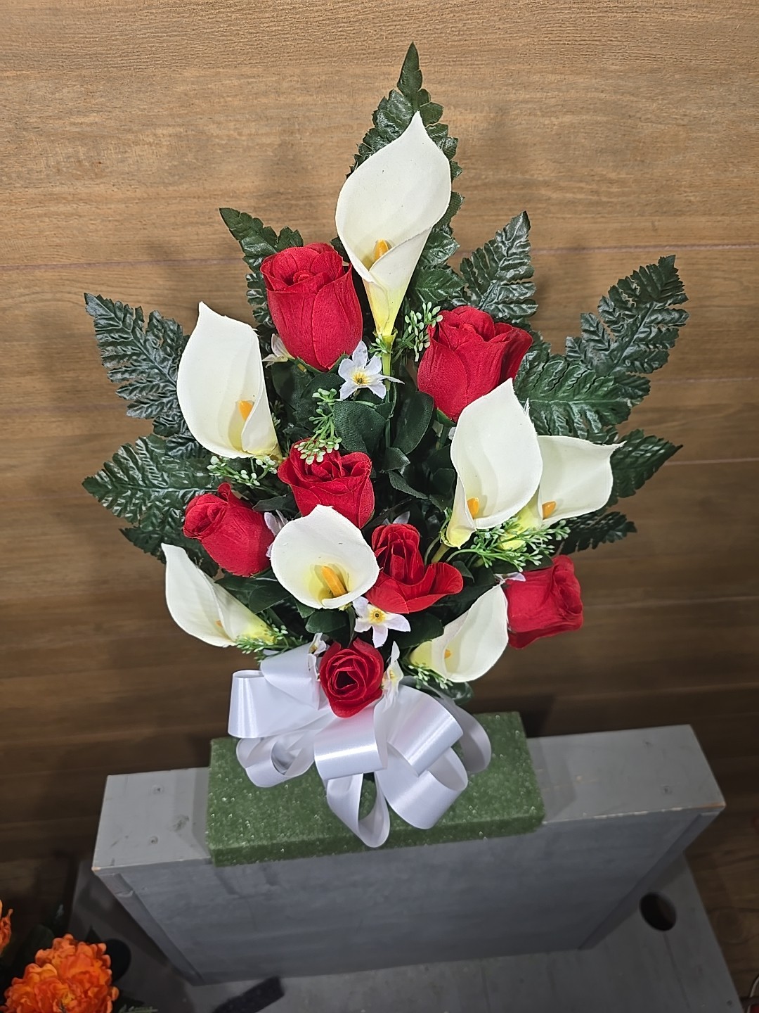 RED ROSEBUD CEMETERY VASE WITH ROSE BUDS & CALLA LILY’S FOR CEMETERY