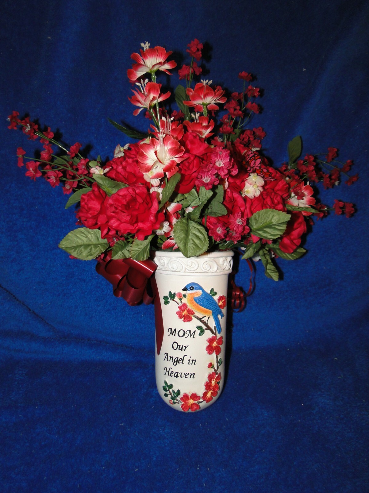 NEW Mom Our Angel in Heaven Memorial Vase with Burgandy Assortment flowers
