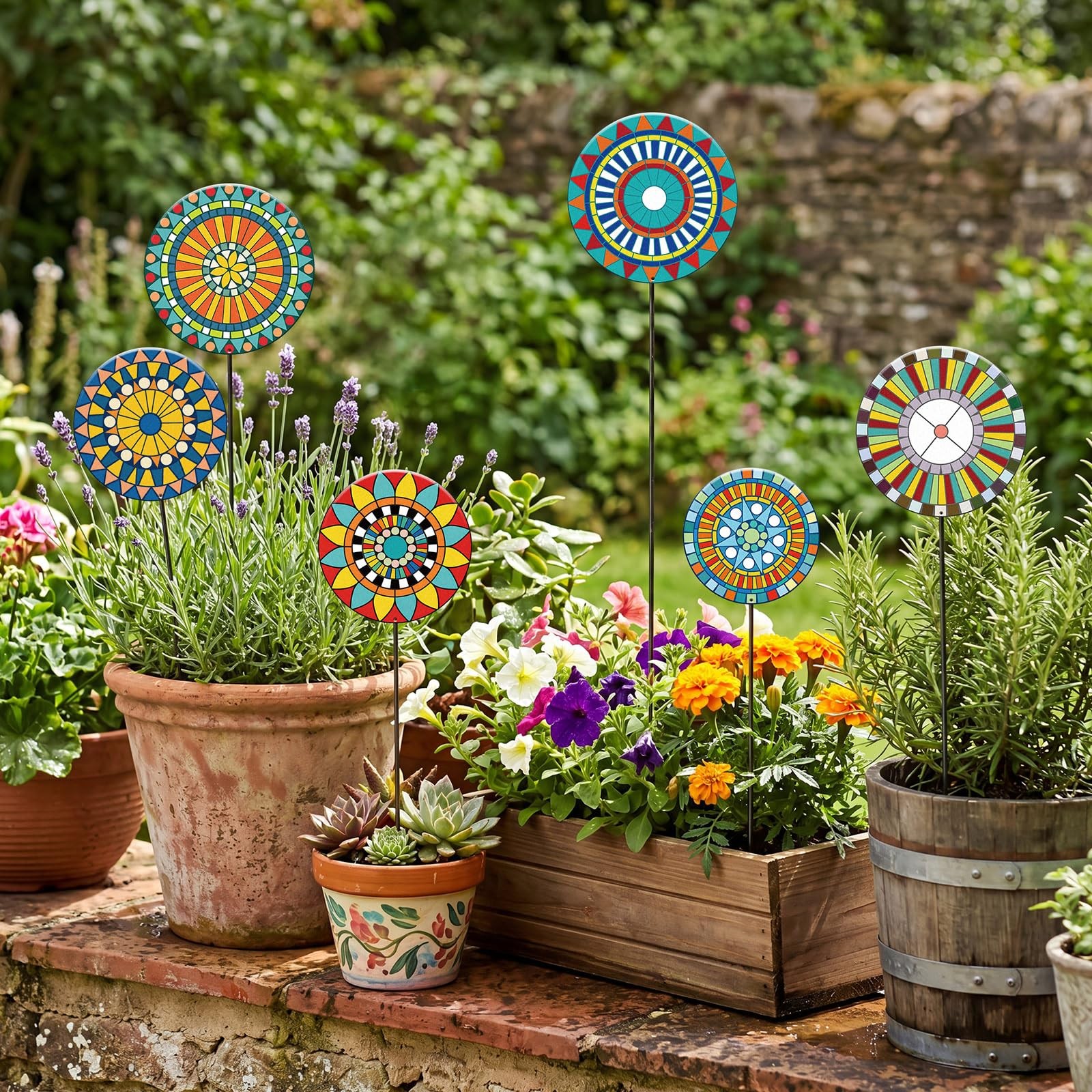 6 Pcs Metal Flowers Garden Stake Decor for Outside 11.8 Inch Mandala Flowers …