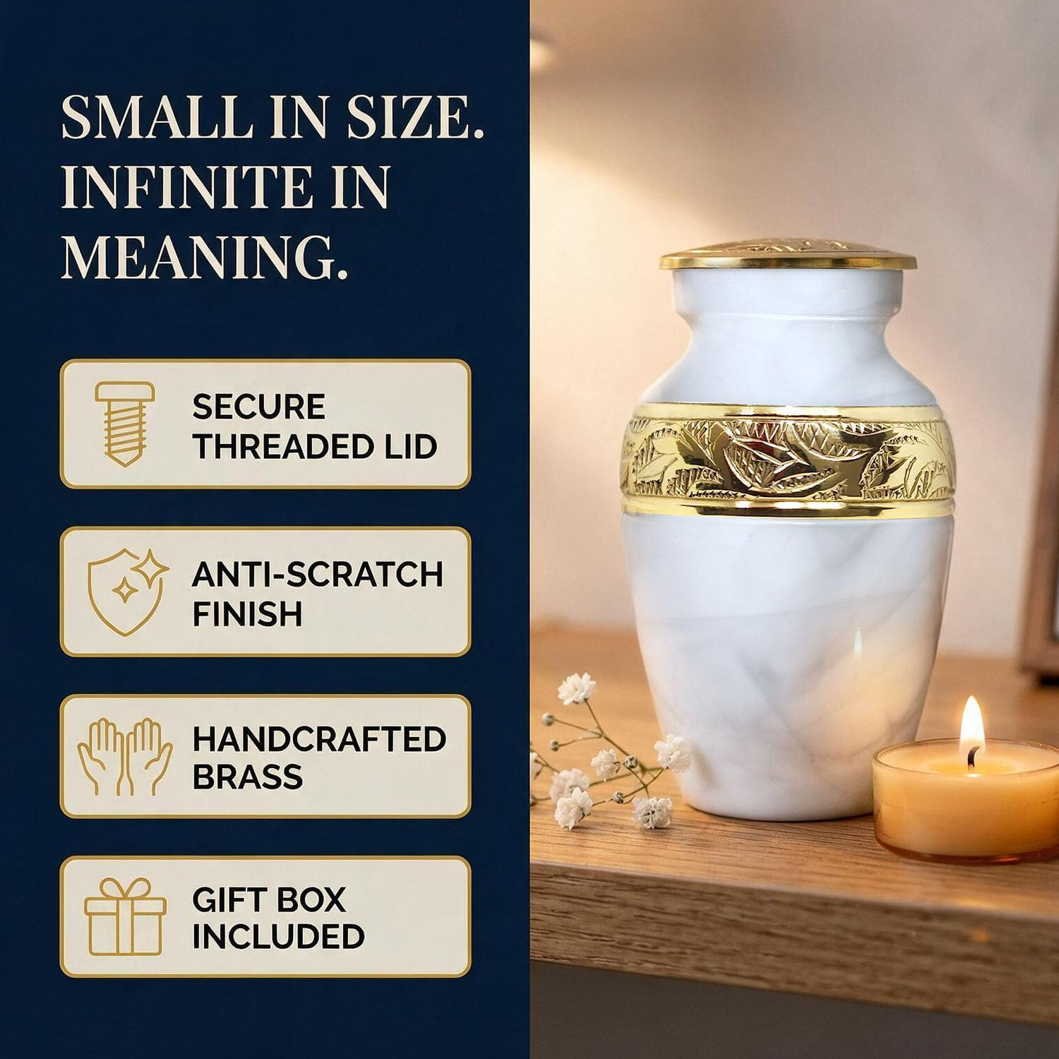 Small Urns for Human Ashes Keepsake – Handcrafted White Memorial Urn with Brass