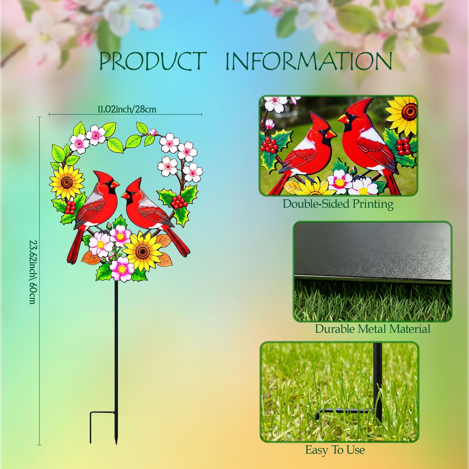Decorative Garden Stakes Metal Red Cardinal – Heart Shaped Pair of Red Birds …