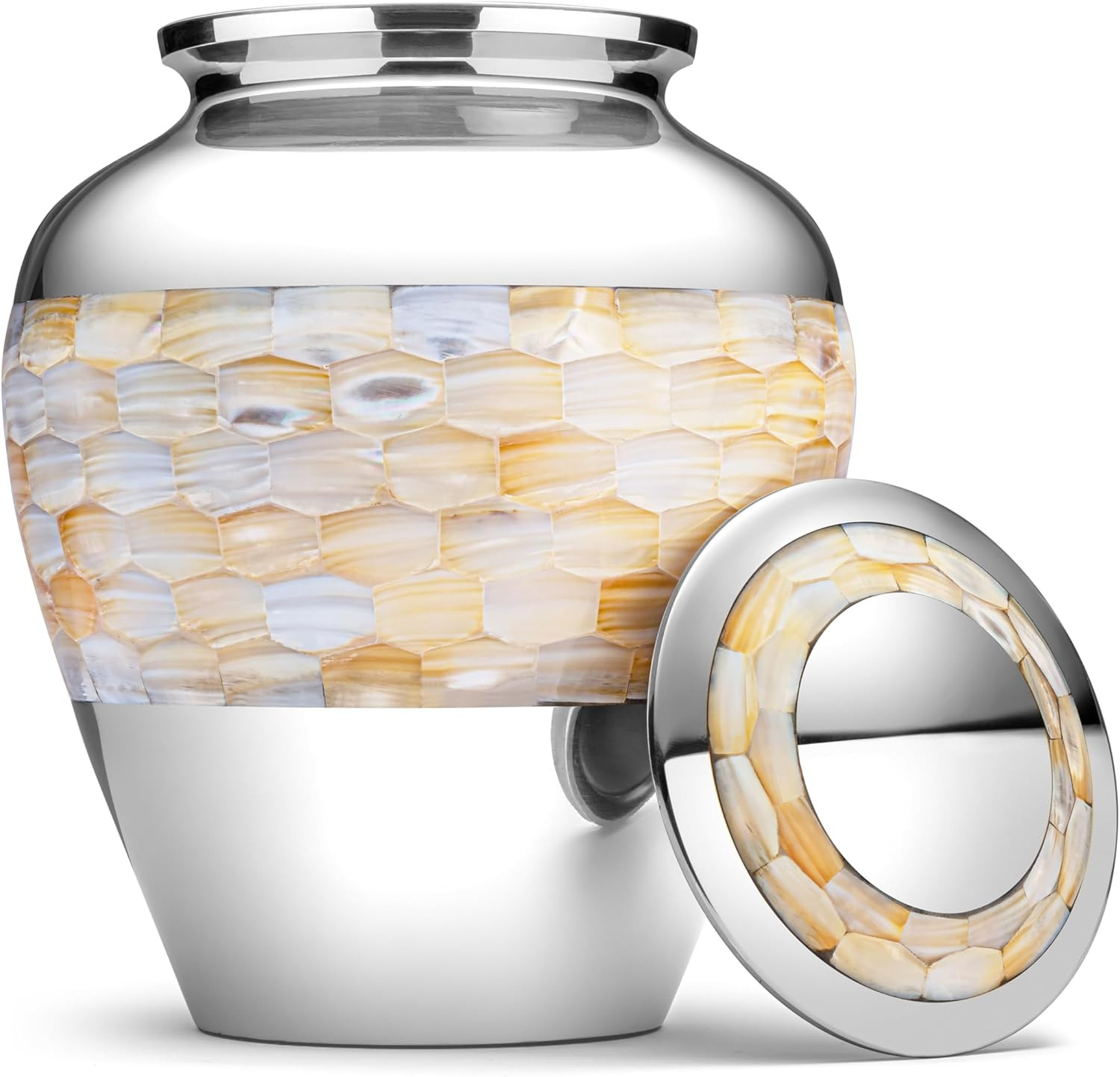 Elegant Brass & Mother of Pearl Cremation Urn for Adults with Velvet Bag