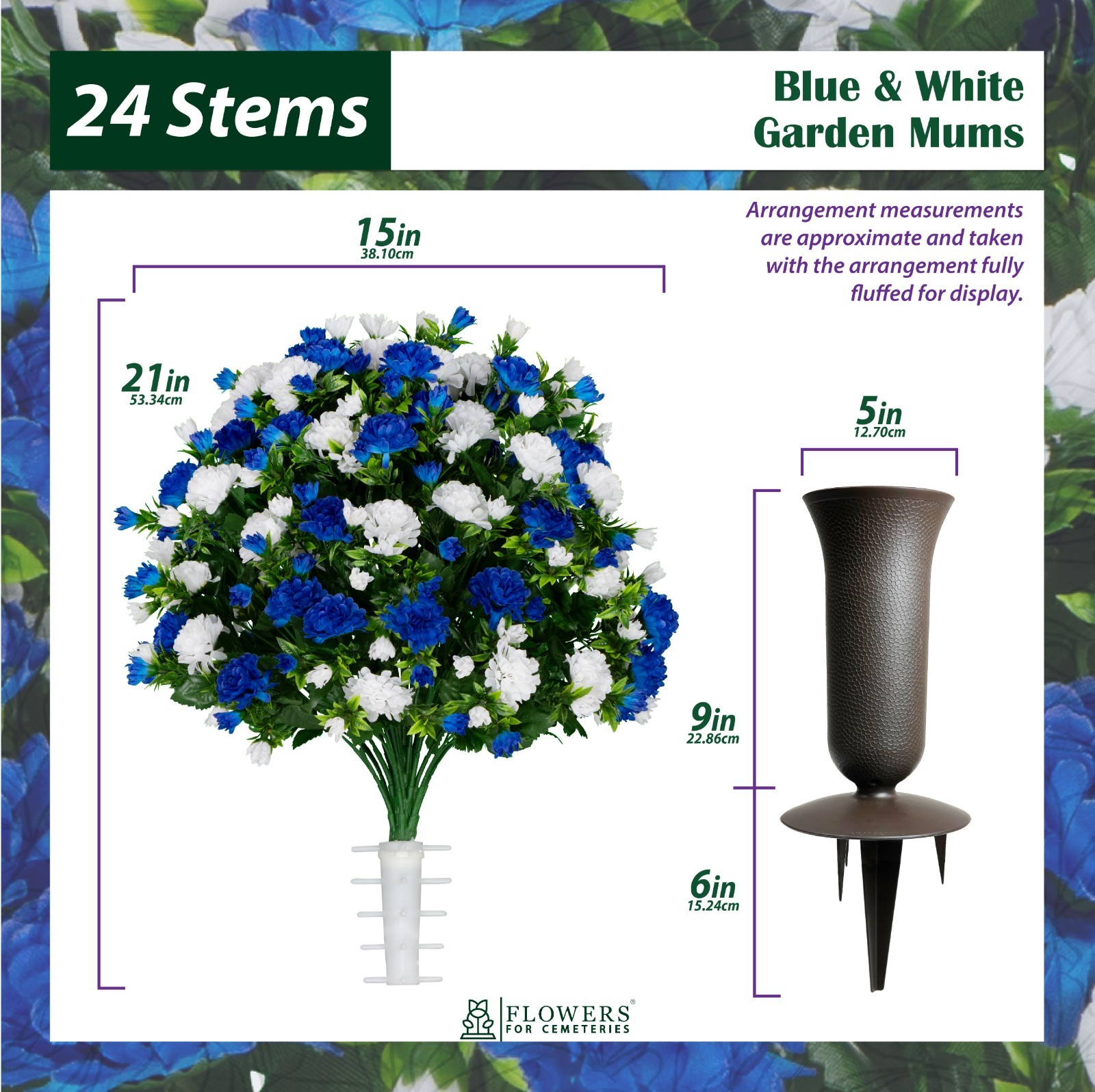 Artificial Gravesite Arrangement – Blue & White Garden Mum Saddle Bouquet & Vase