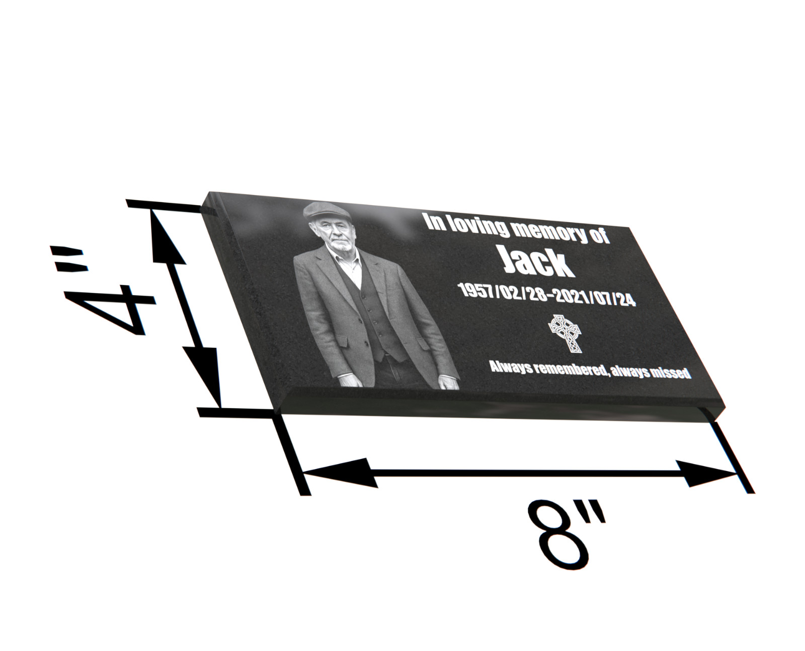 Custom Black Granite Grave Marker 8″x4″ – Personalized Flat Headstone with Photo