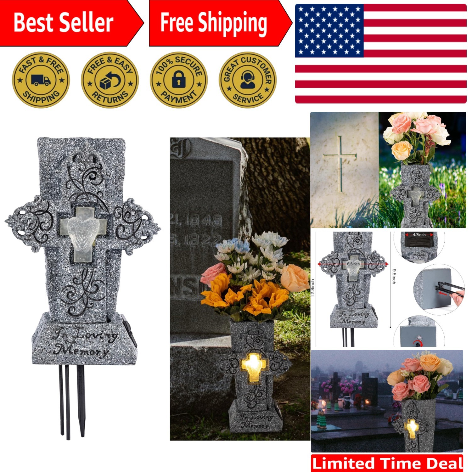 Handcrafted Solar Flower Vase with Durable Resin – Perfect for Graveside
