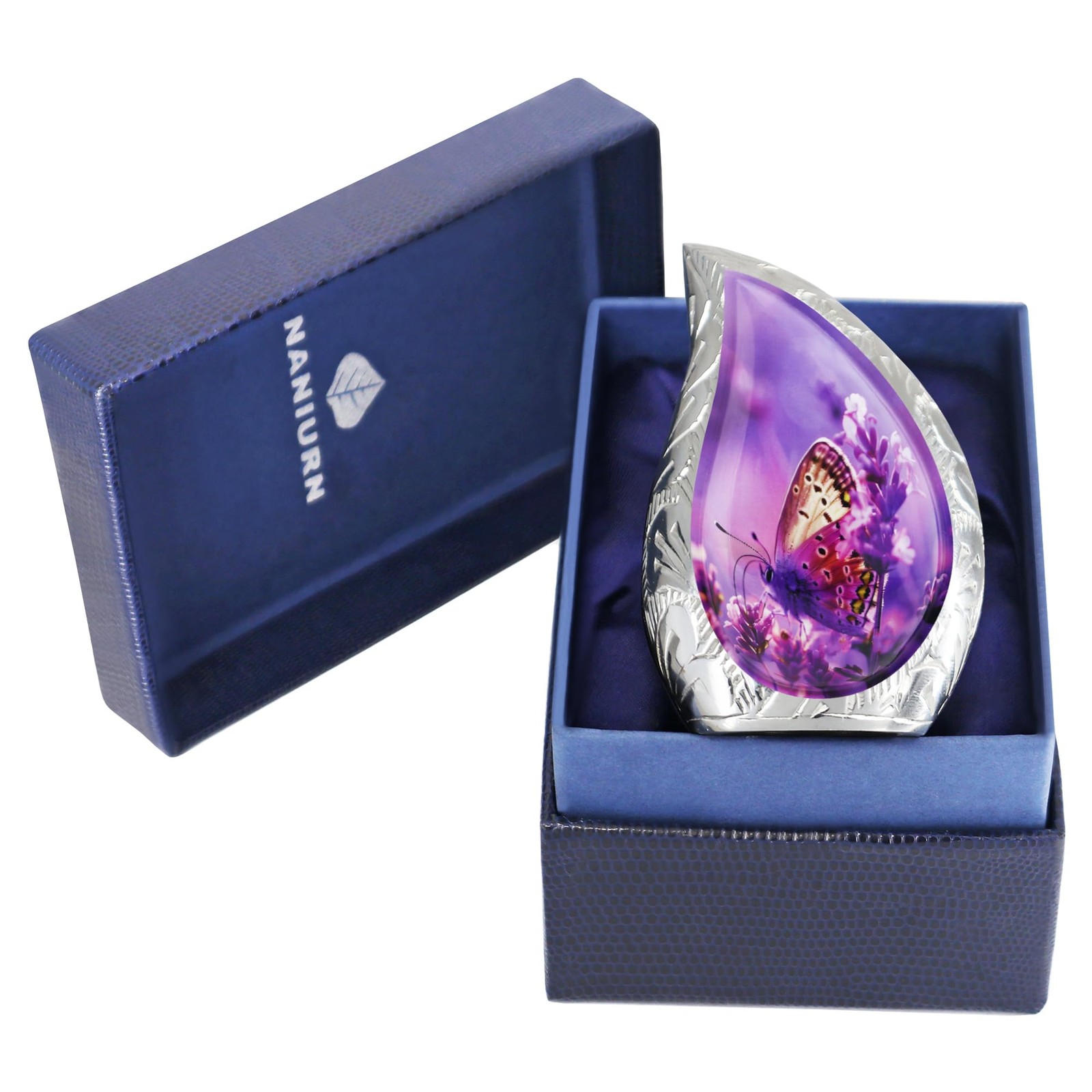 Small Urns for Human Ashes 3″ H Brass Teardrop Purple Butterfly – Keepsake