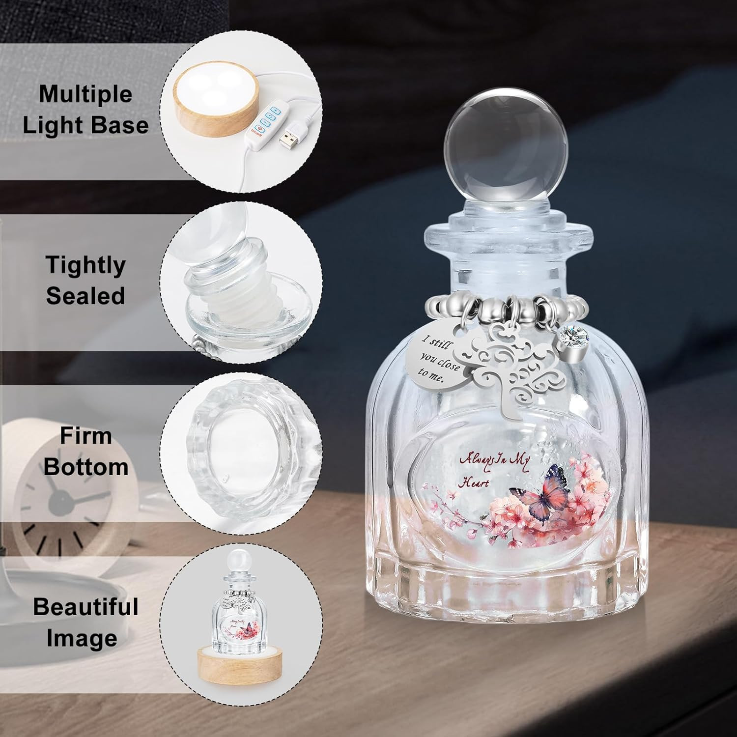 Glass Mini Urns for Human Ashes, Small Urns with Multicolor Light Base