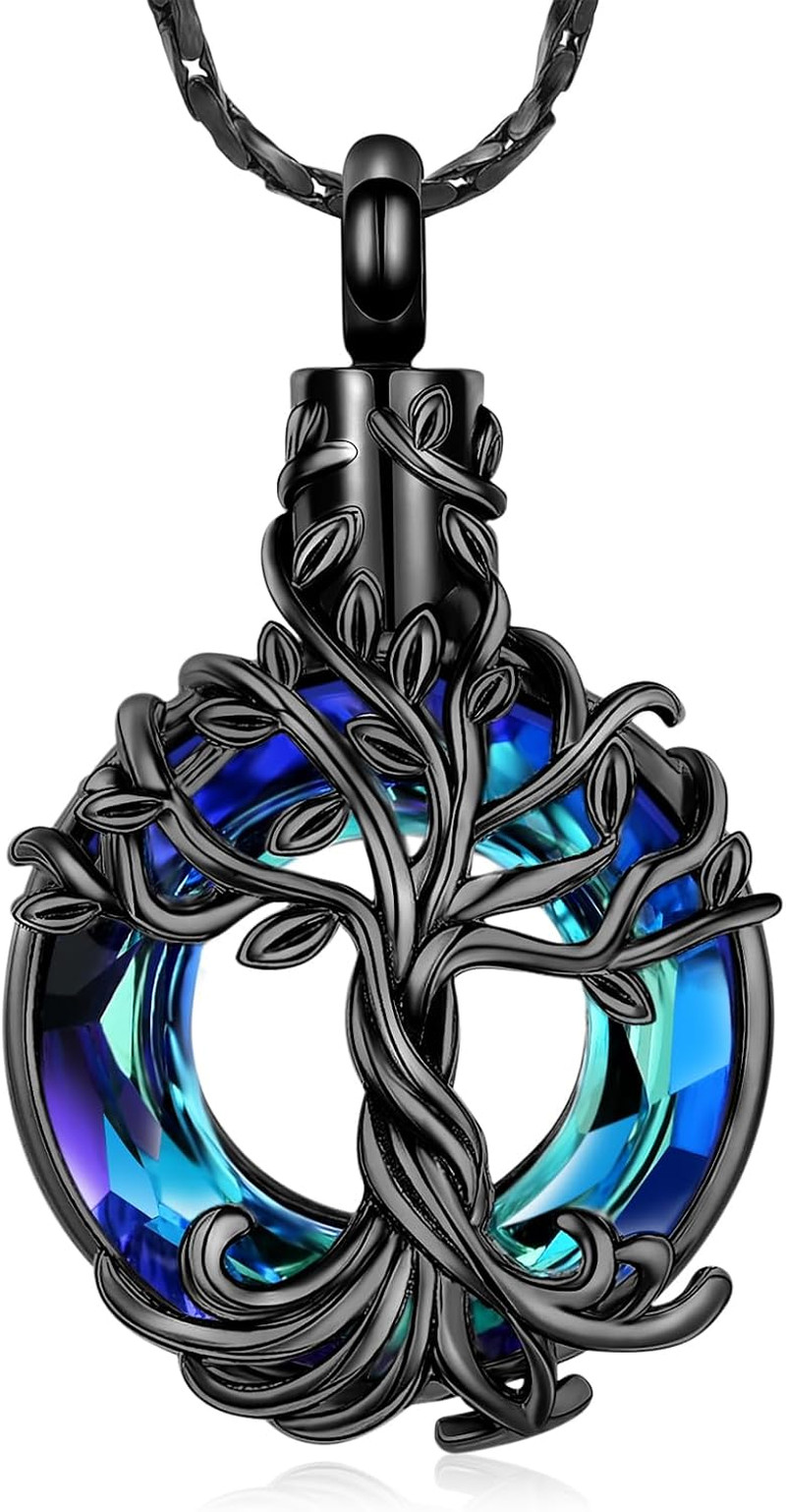 Tree of Life Urn Necklace for Men Women Cremation Jewelry with Circle Crystal Me