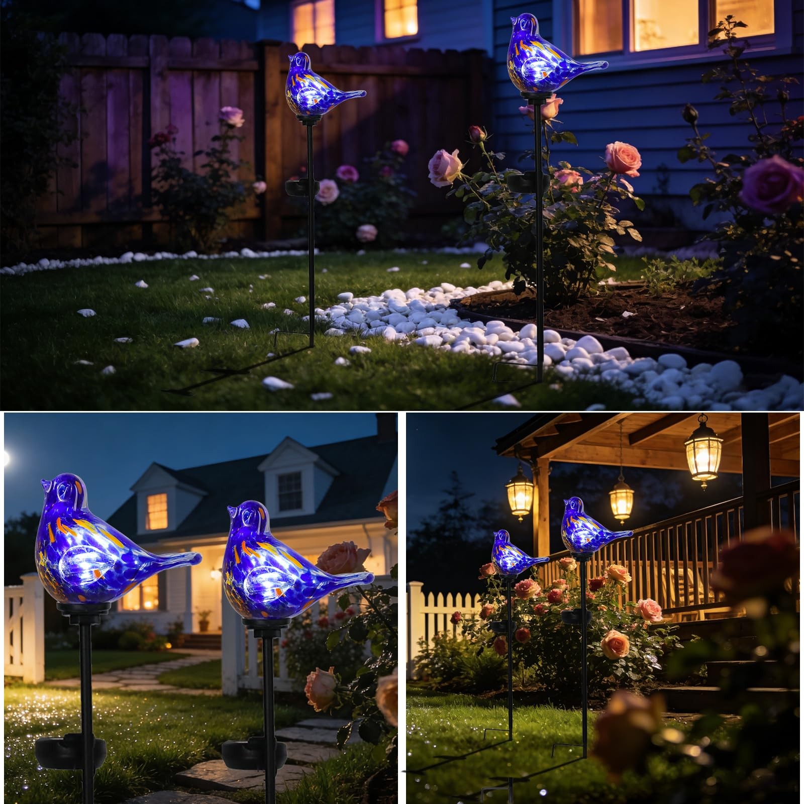 Solar Garden Lights Outdoor Blue Bird Hand-Blown Glass Solar Stake Lights Wat…