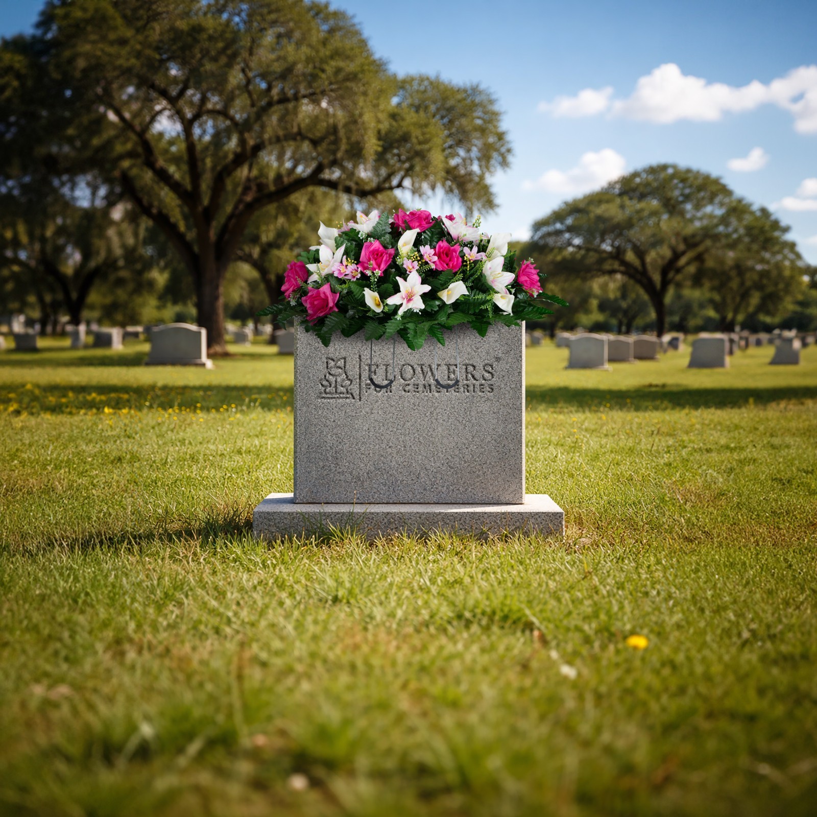 Artificial Headstone Saddle – Beauty Pink Roses, White Calla Lily and Lilies