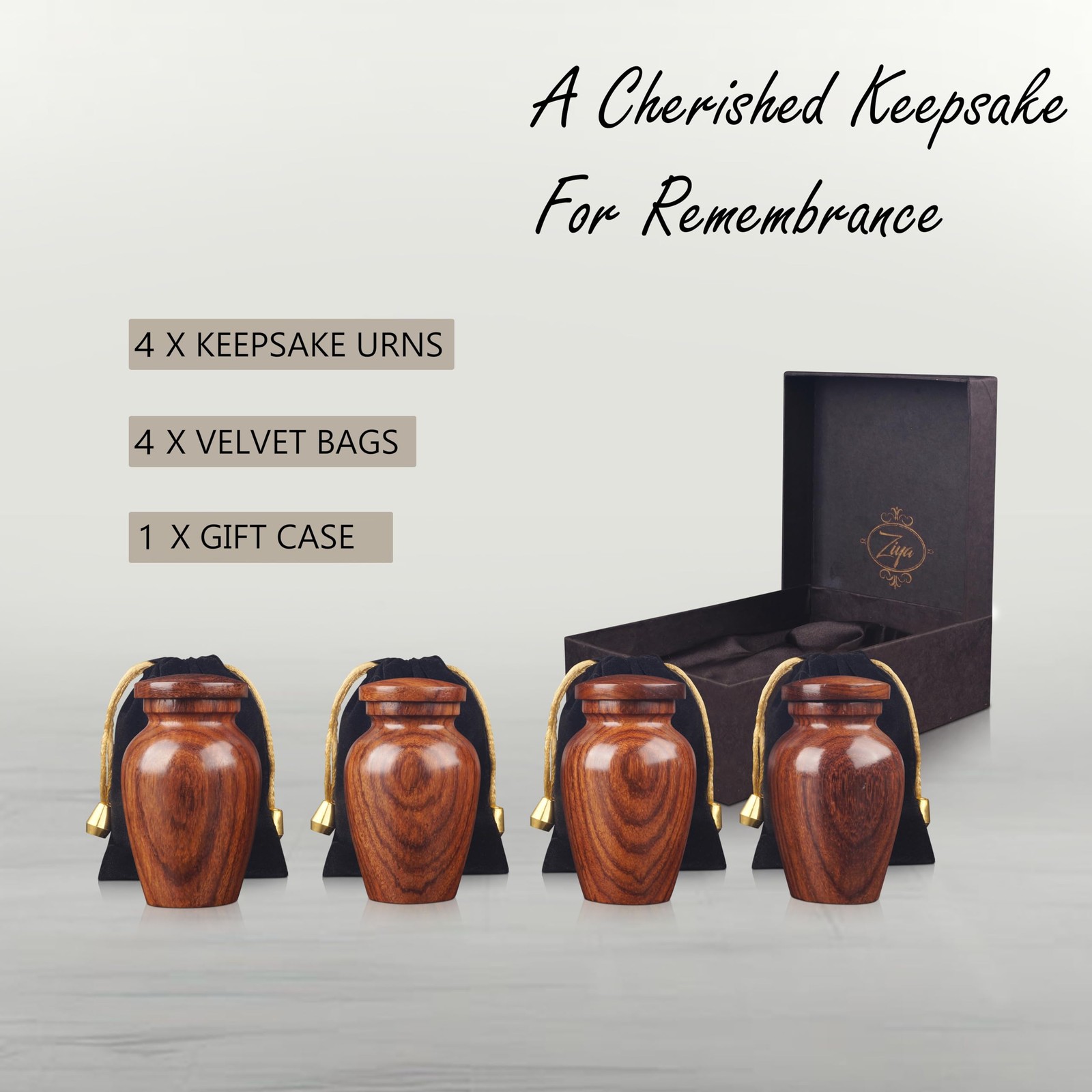 ZIYA Wooden Cremation Small Urns for Human Set of 4 X-Small, Natural Rosewood