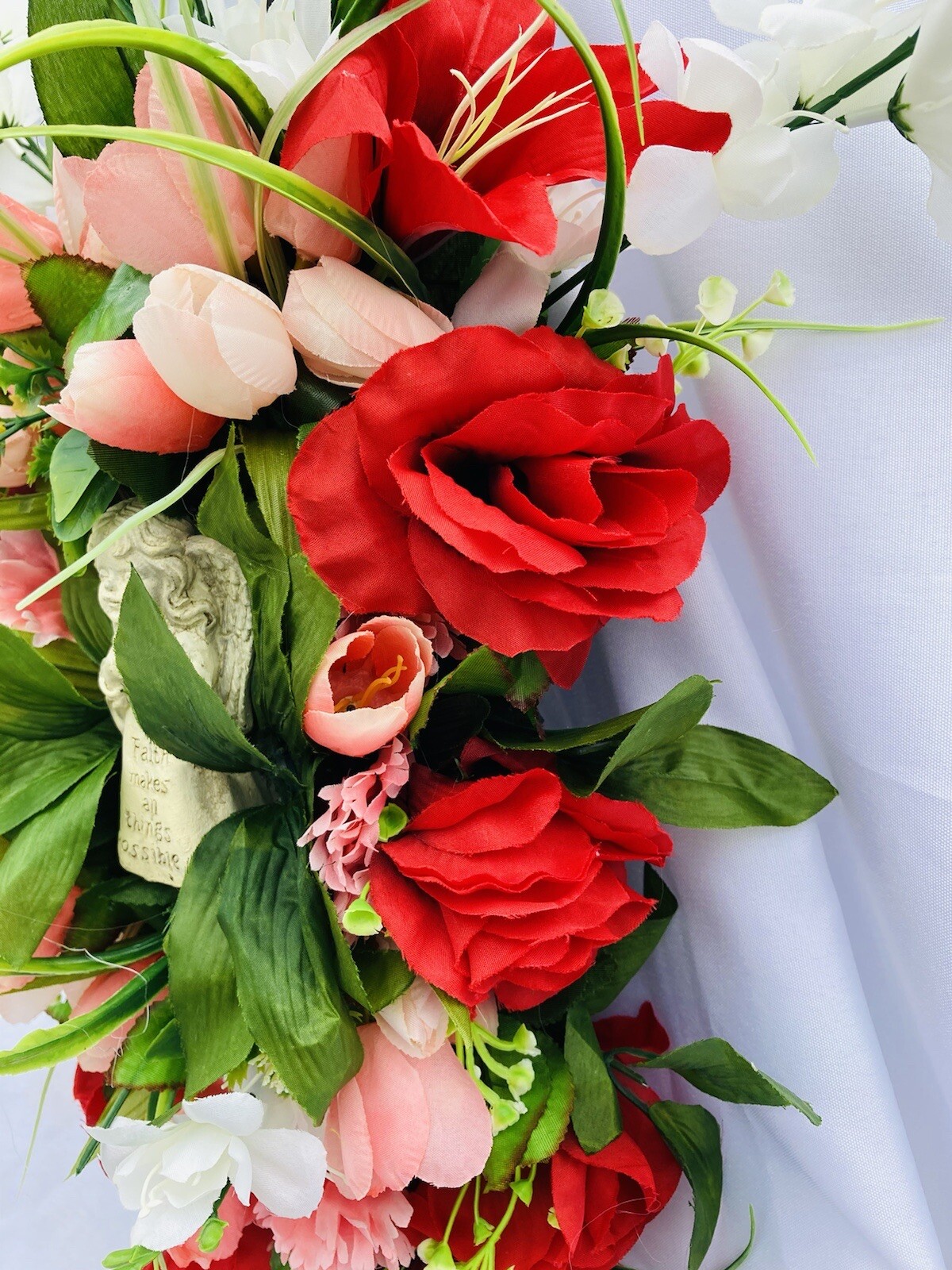 Pink & Red Summer Silk Flowers W/Angel For Cemetery Bevel/grave Marker, Memorial